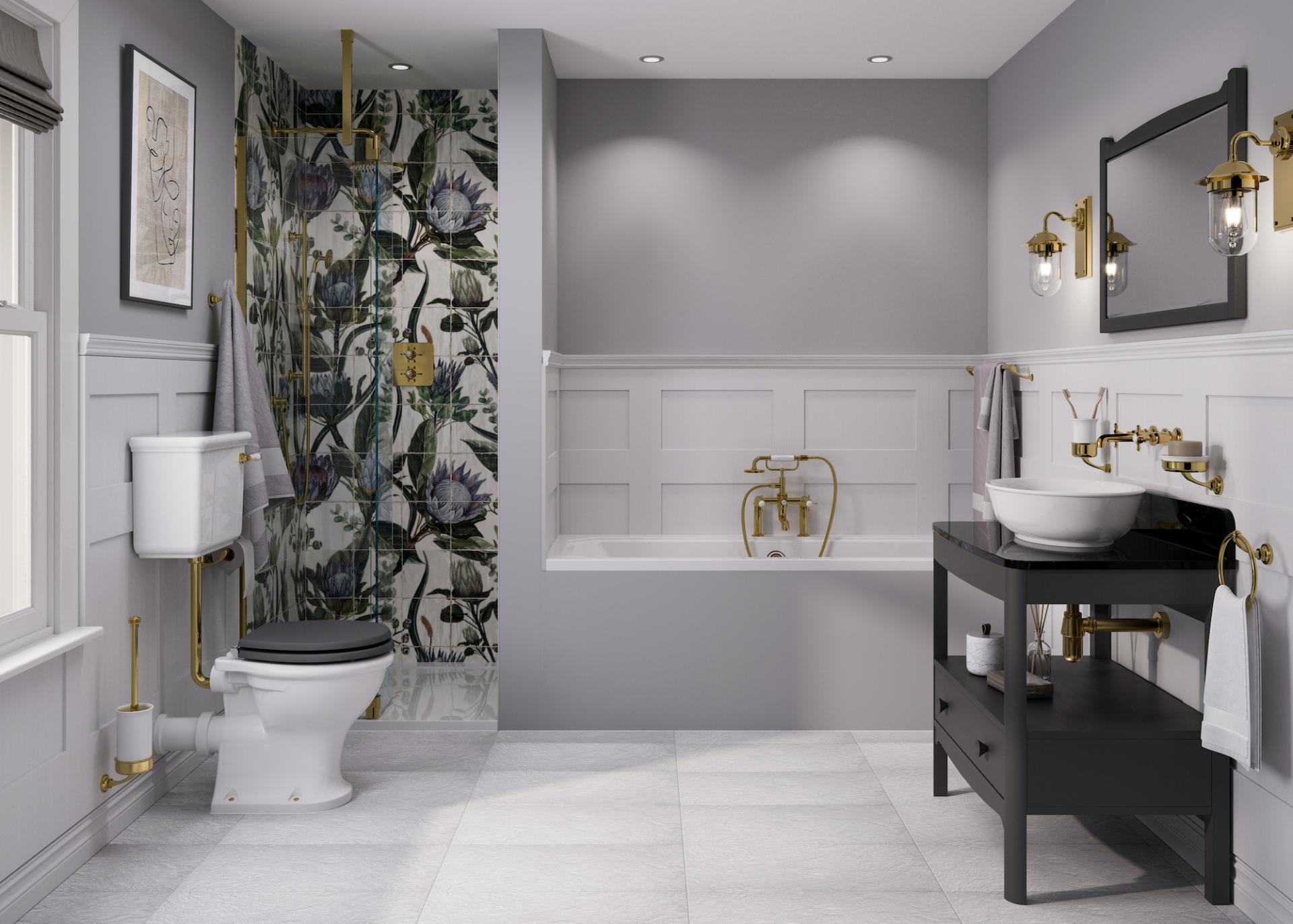 Stylish bathroom featuring Arts & Crafts-inspired design with elegant brass fixtures, floral wallpaper, and modern ceramics.