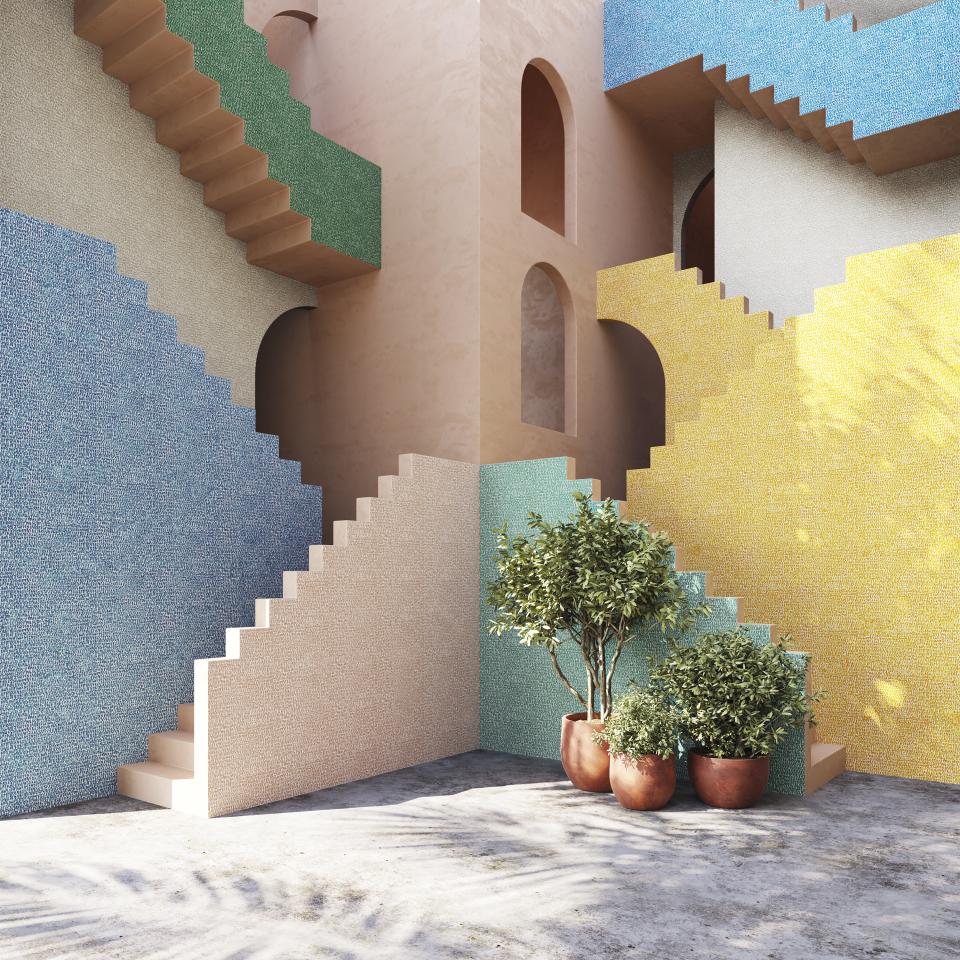 Colorful textured wallcoverings and stylized staircases in a contemporary outdoor space, showcasing Omexo's stylish design.