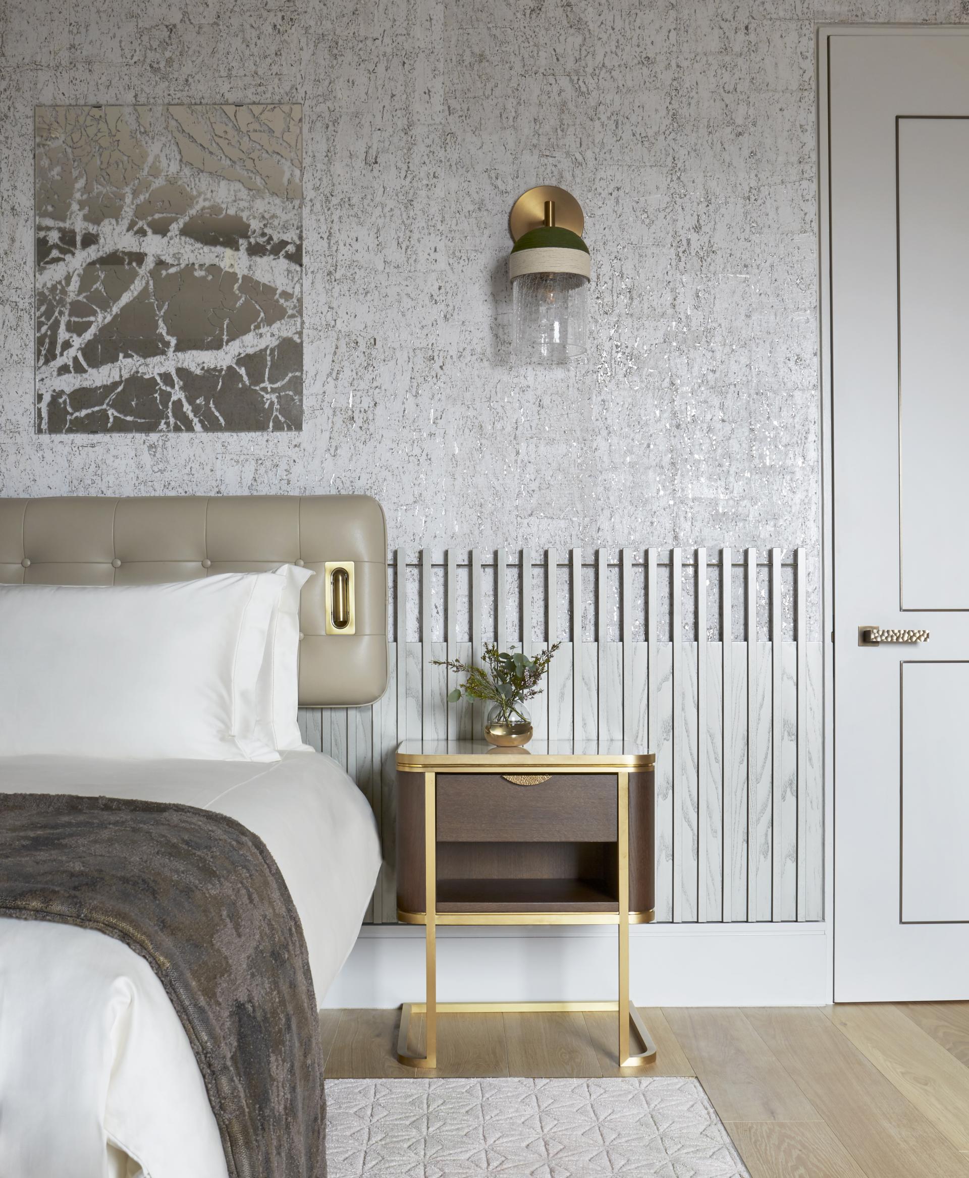 Elegant penthouse bedroom design featuring luxurious textures, modern lighting, and refined color palette at Mandarin Oriental London.