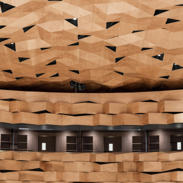 Uniform wooden cladding with geometric designs decorates the dome and walls of the United Nations Assembly Hall in Geneva.