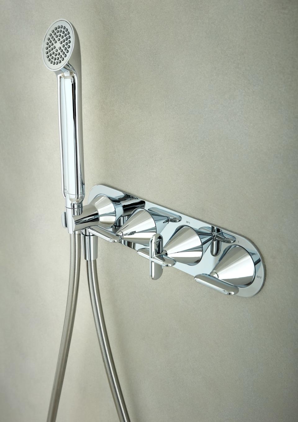 Stylish chrome shower mixer designed by VADO and Conran and Partners, showcasing modern bathroom aesthetics.
