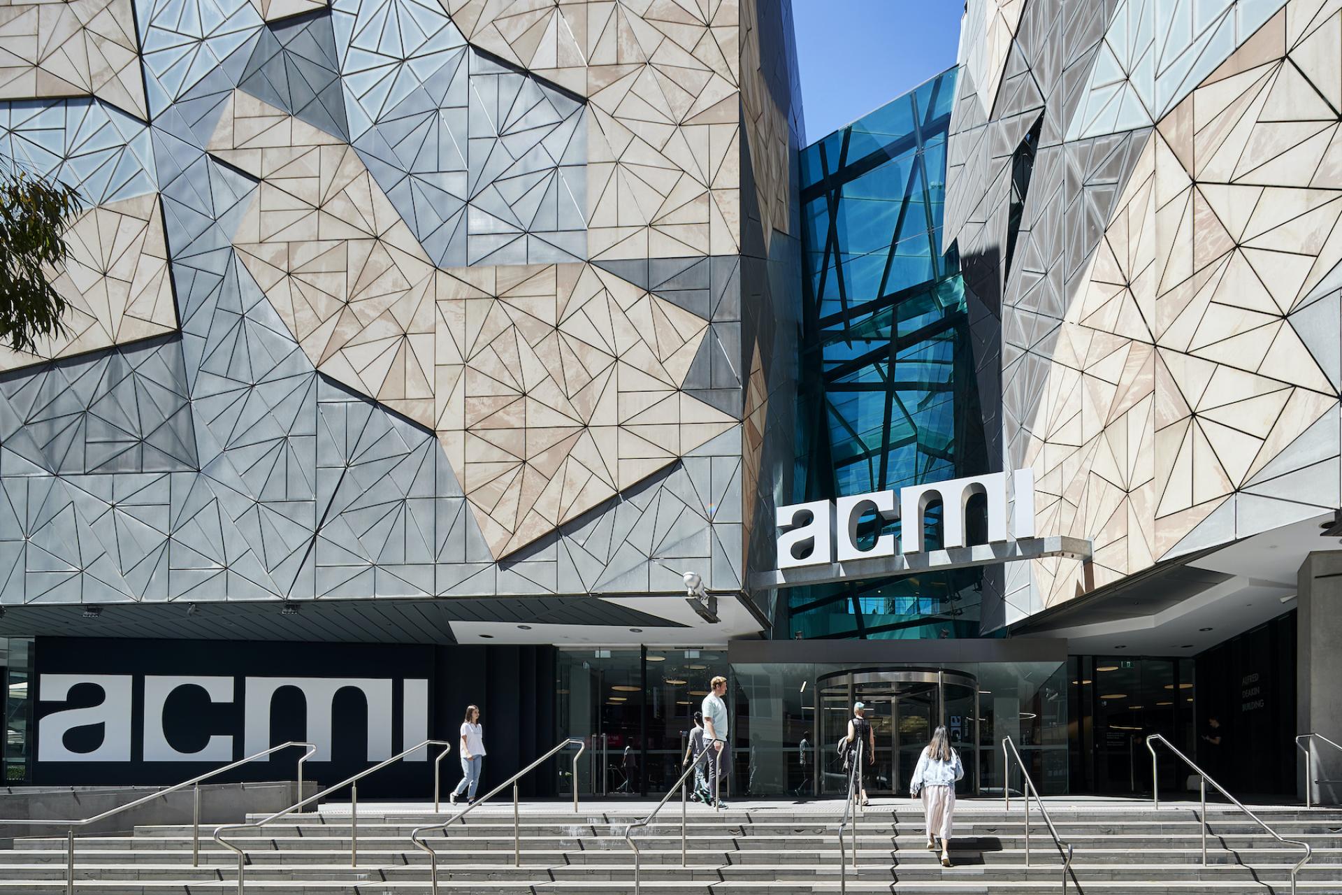 ACMI's reimagined facade showcases modern architecture, inviting visitors to explore Australia's national museum of screen culture.