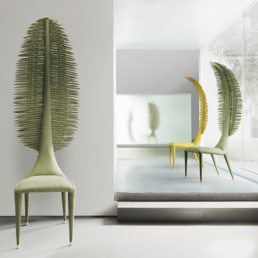 Sculptural furniture inspired by nature showcases unique chair designs, featuring leaf-like backs in green and yellow tones.