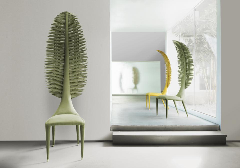 Sculptural furniture inspired by nature showcases unique chair designs, featuring leaf-like backs in green and yellow tones.