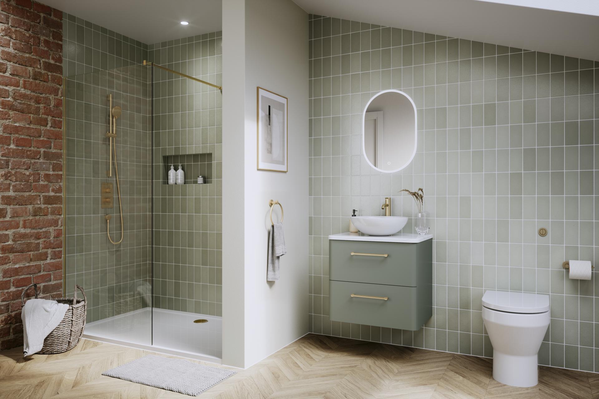 Modern bathroom design featuring green tiles, gold fixtures, and a chic shower area, reflecting Japanese Nouveau aesthetics.