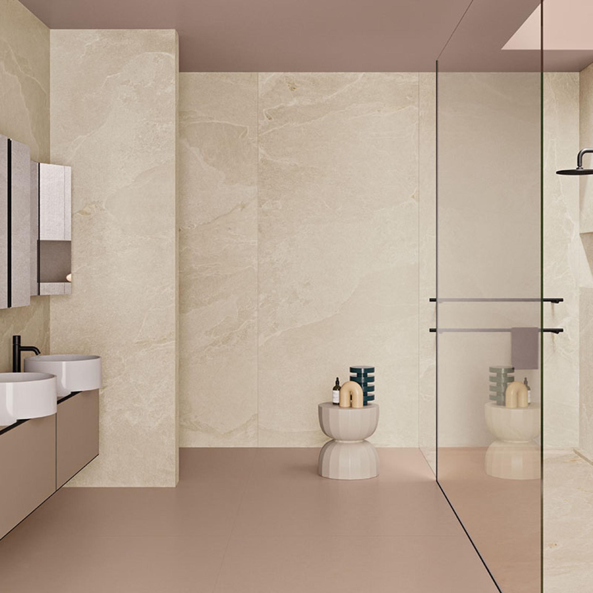 Contemporary bathroom featuring Grestec's Cellan collection with slate-inspired walls and modern fixtures for elegant interiors.