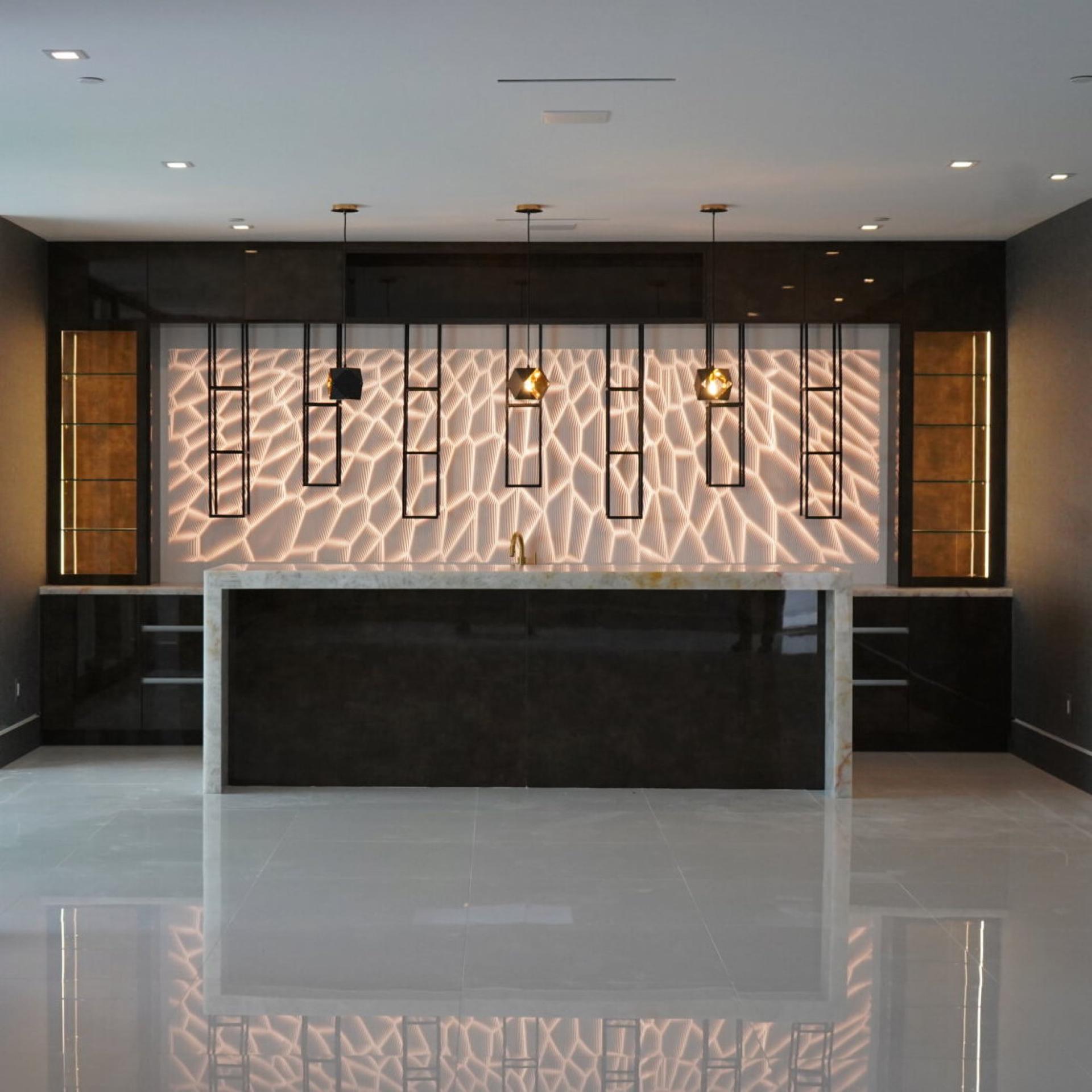 Modern interior featuring CDUK's M|R Walls, showcasing a stylish wall surface and ambient lighting in a sleek environment.