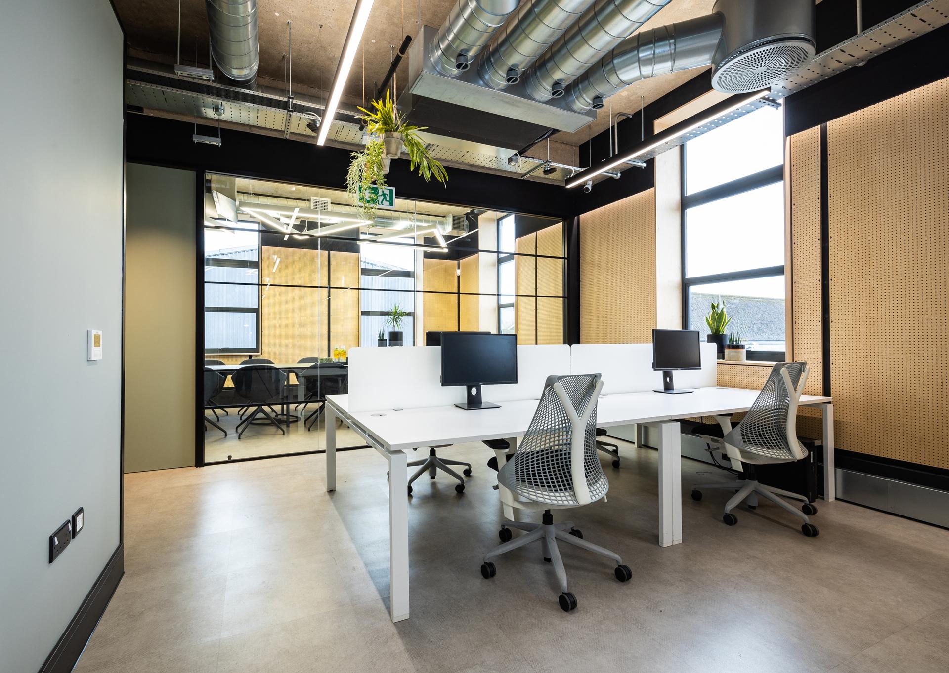 Modern office interior featuring ergonomic workstations, abundant natural light, and collaborative spaces in a renovated building.