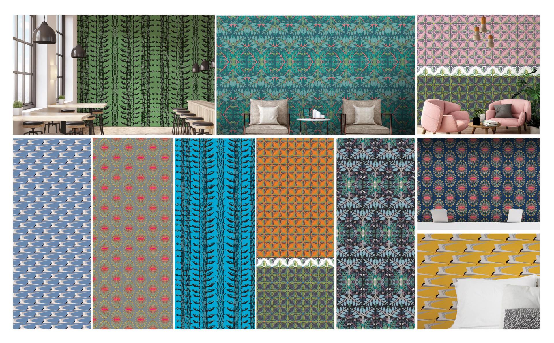 A diverse collection of vibrant wall patterns showcasing nature-inspired designs and contemporary decor styles for interior spaces.