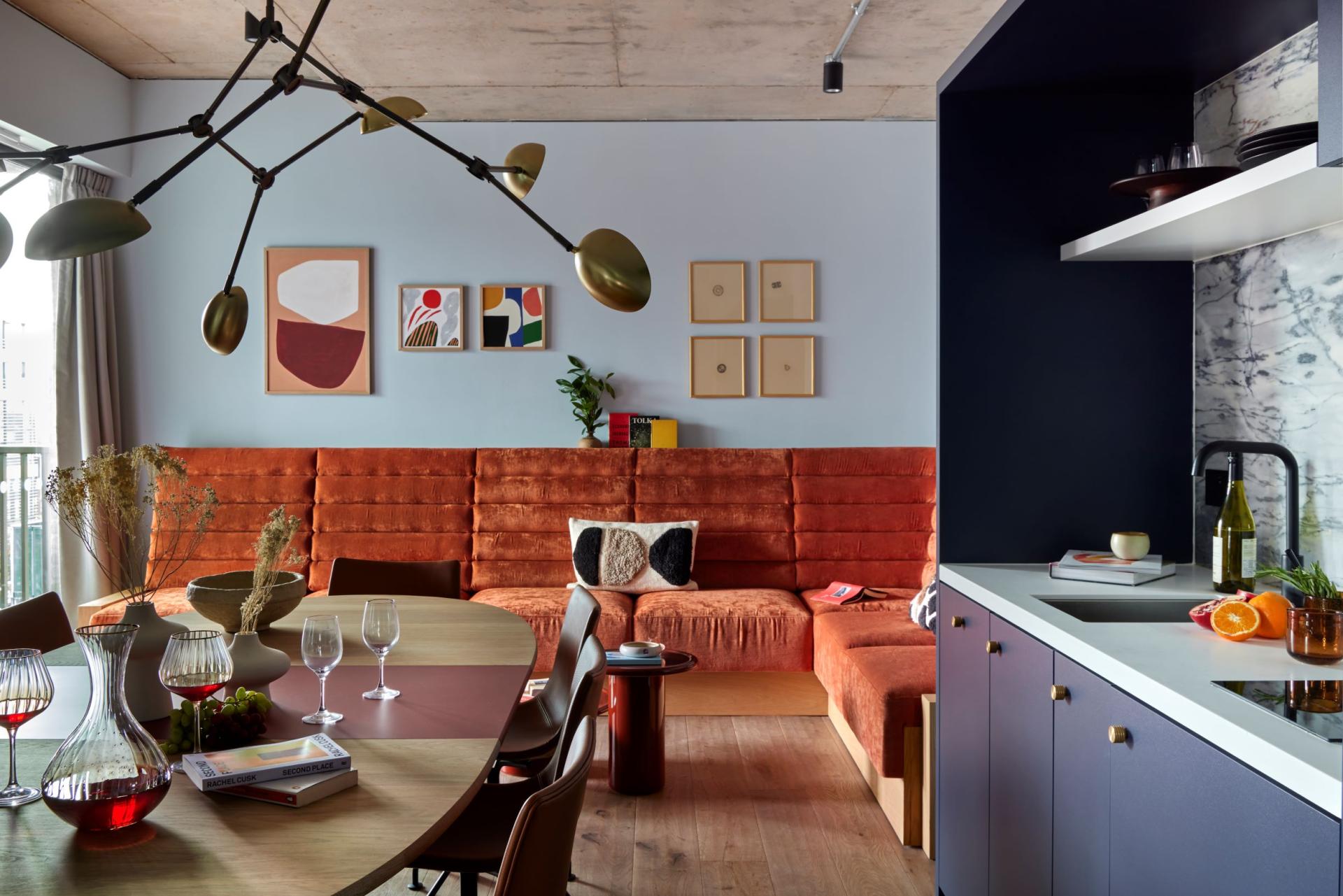 Stylish apartment interior featuring Wyndham Oak furniture, vibrant decor, and a cozy dining area in Beckett Locke, Dublin.