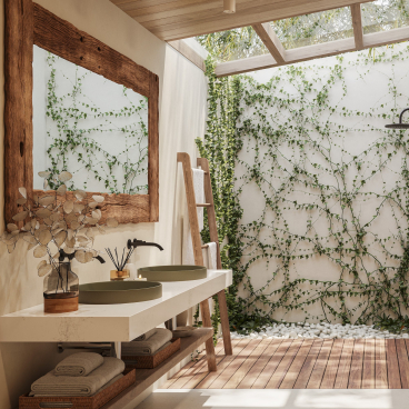 Modern bathroom featuring Caesarstone countertops, a natural wood mirror, and lush greenery against a serene, earthy backdrop.