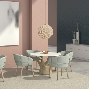 Elegant dining area featuring Kenneth Cobonpue's Parchment seating, showcasing modern design inspired by ancient manuscripts.
