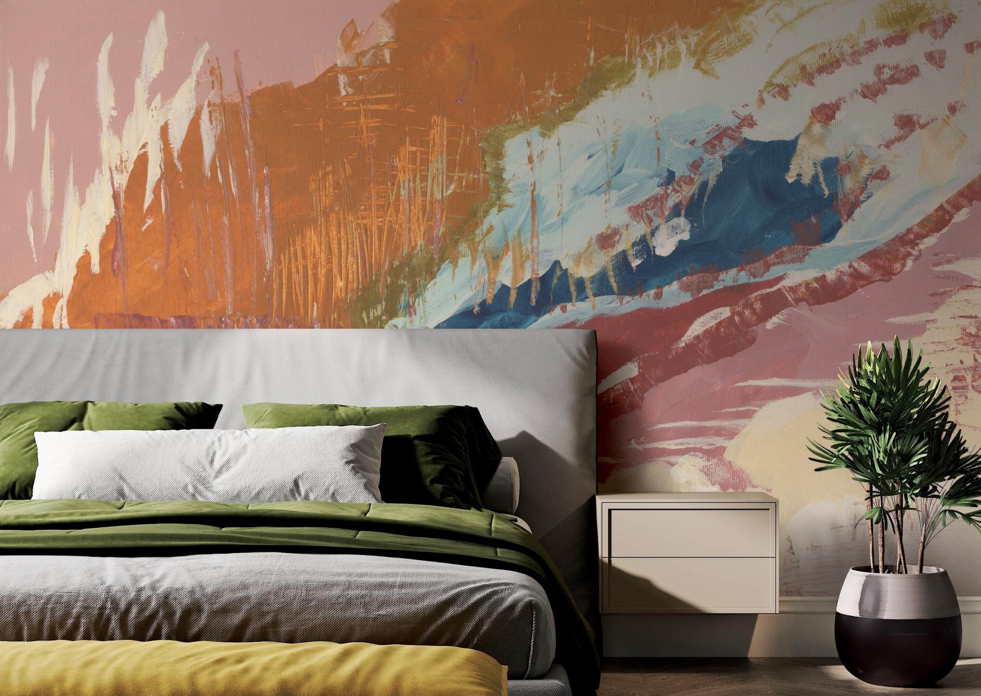 Vibrant mural by Jan Erika adorns a modern bedroom, showcasing organic shapes and rich colors inspired by nature.