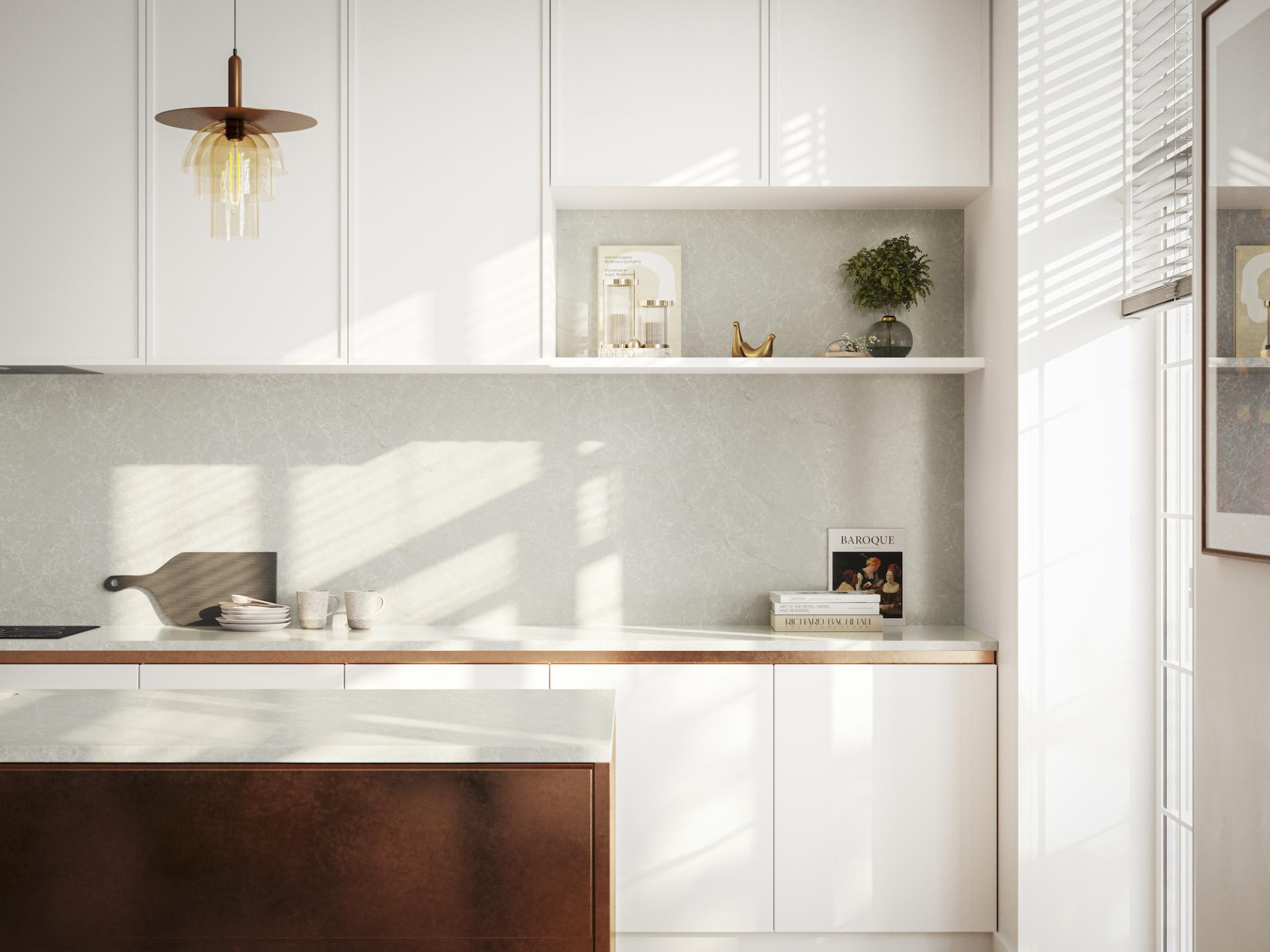 Modern kitchen featuring Caesarstone surfaces with mineral-inspired design, elegant lighting, and stylish decor elements.