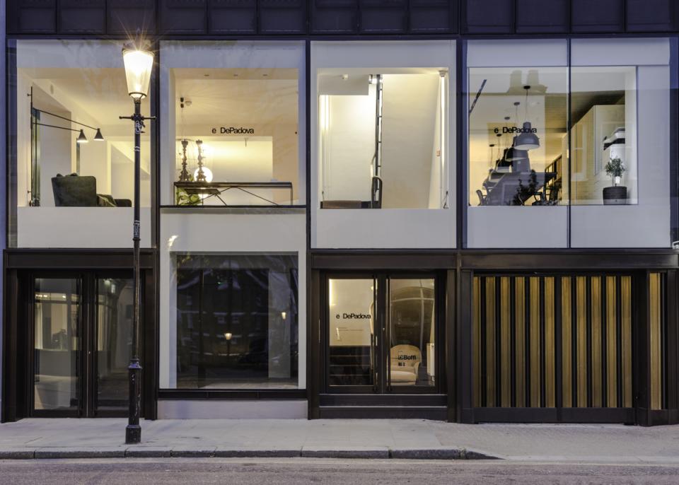 De Padova's flagship store in London features contemporary design elements visible through large glass windows.