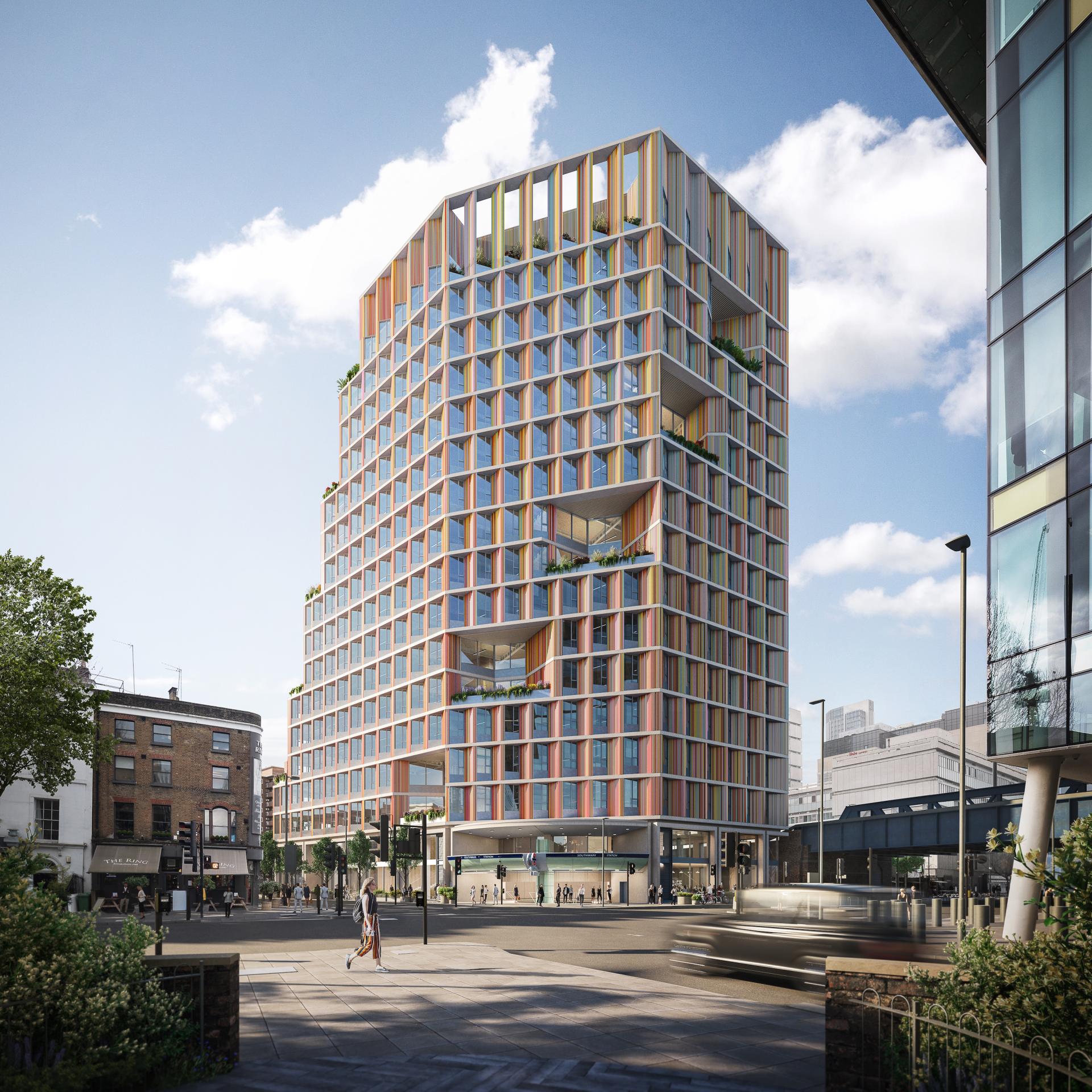 Modern architectural design featuring a colorful cross-laminated timber building in an urban setting, showcasing sustainability.