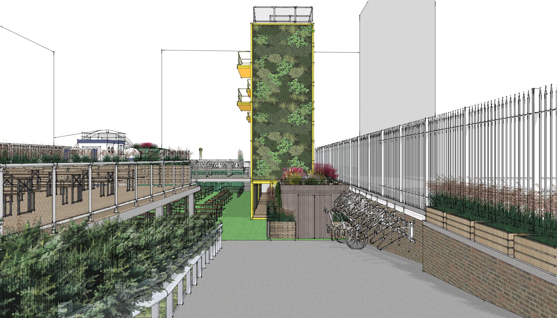 Modern architectural design featuring a green vertical garden, bike storage, and landscaped terraces at align's project site.