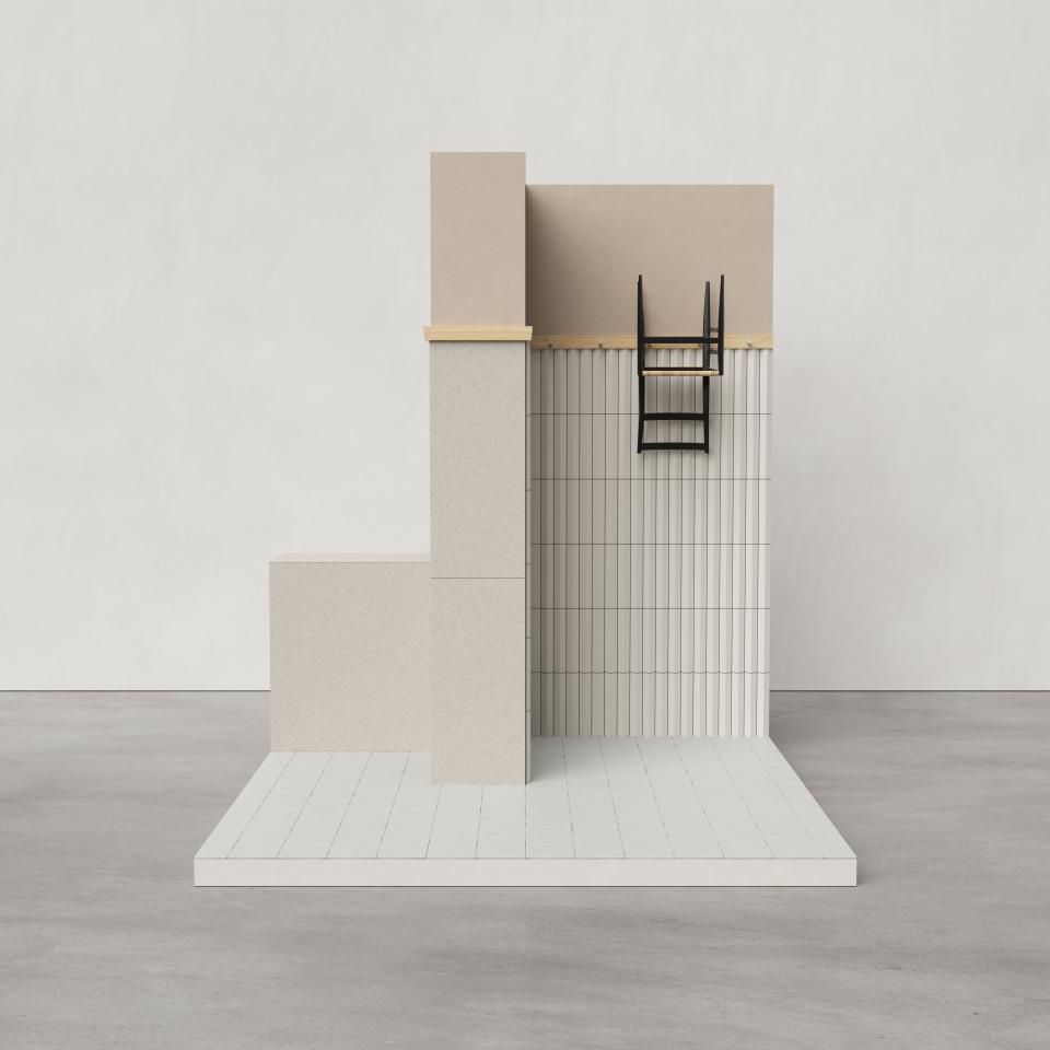 Modern display showcasing Mutina tiles and Accents by OEO Studio, featuring minimalist design and neutral colors.