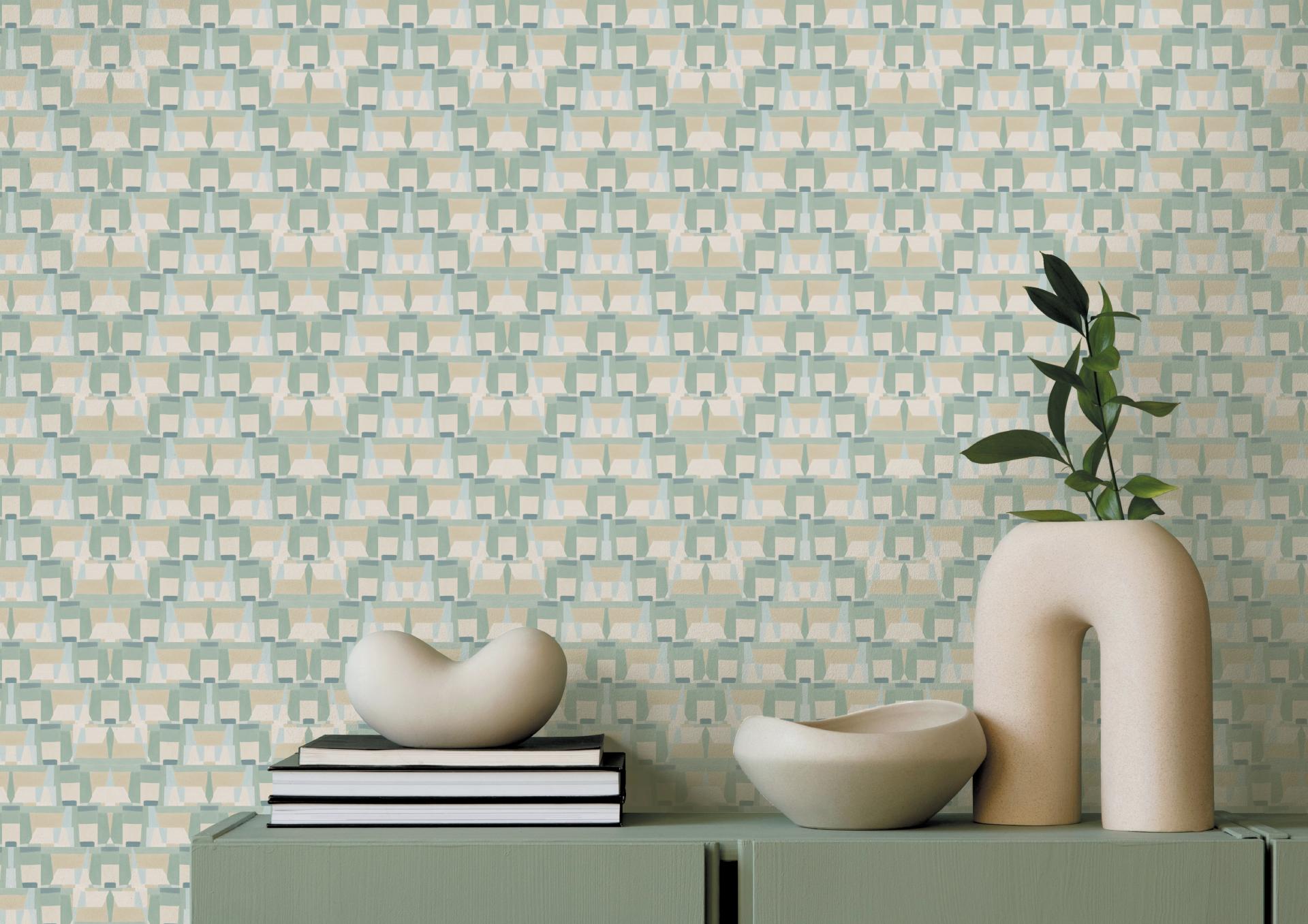 Textured wallpaper inspired by Trellick Tower, featuring soft pastel colors, accompanied by decorative ceramic vases on a side table.