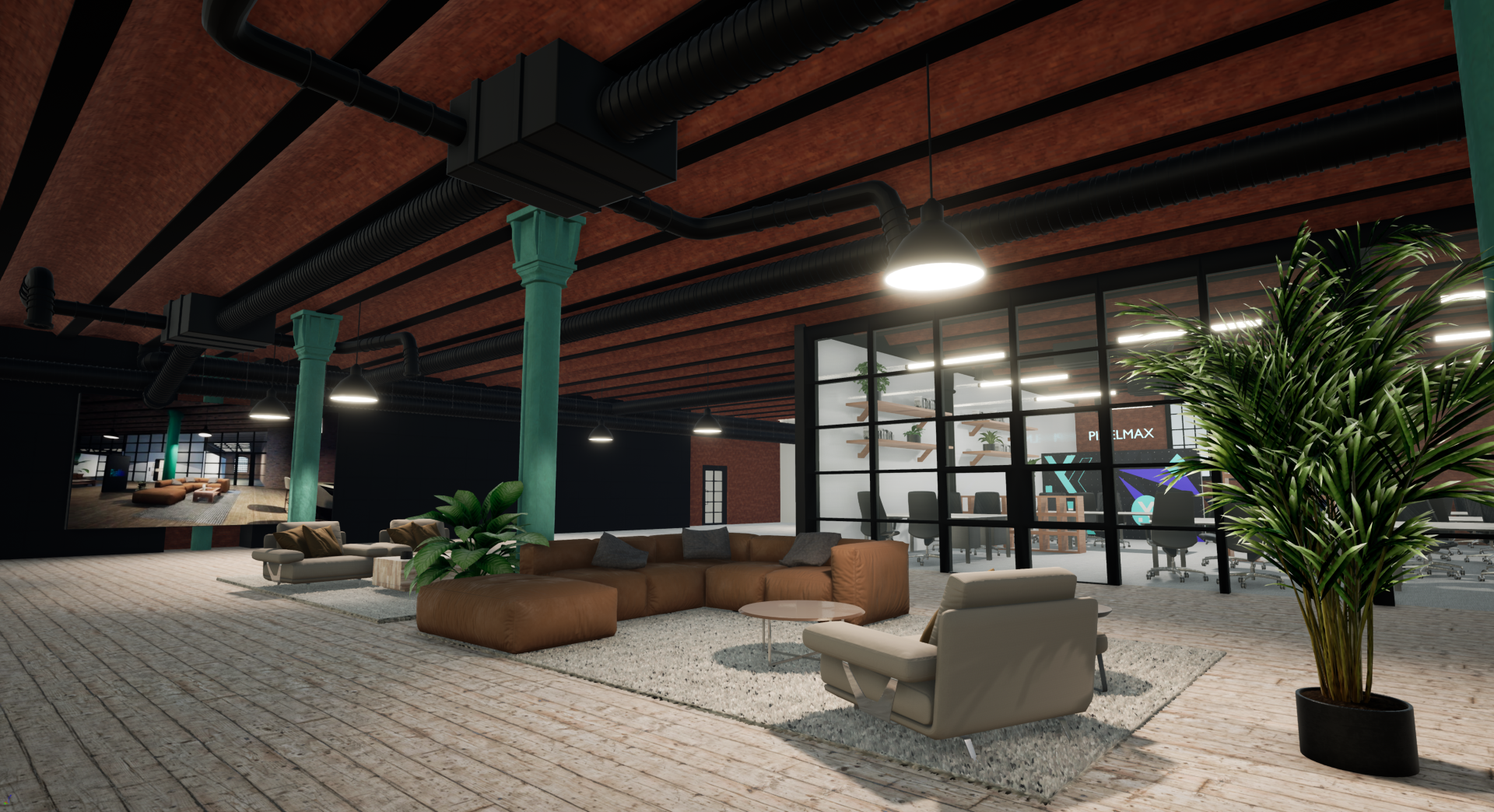 Spacious and modern Material Source Studio showcasing contemporary lounge area with greenery and adjacent office space.