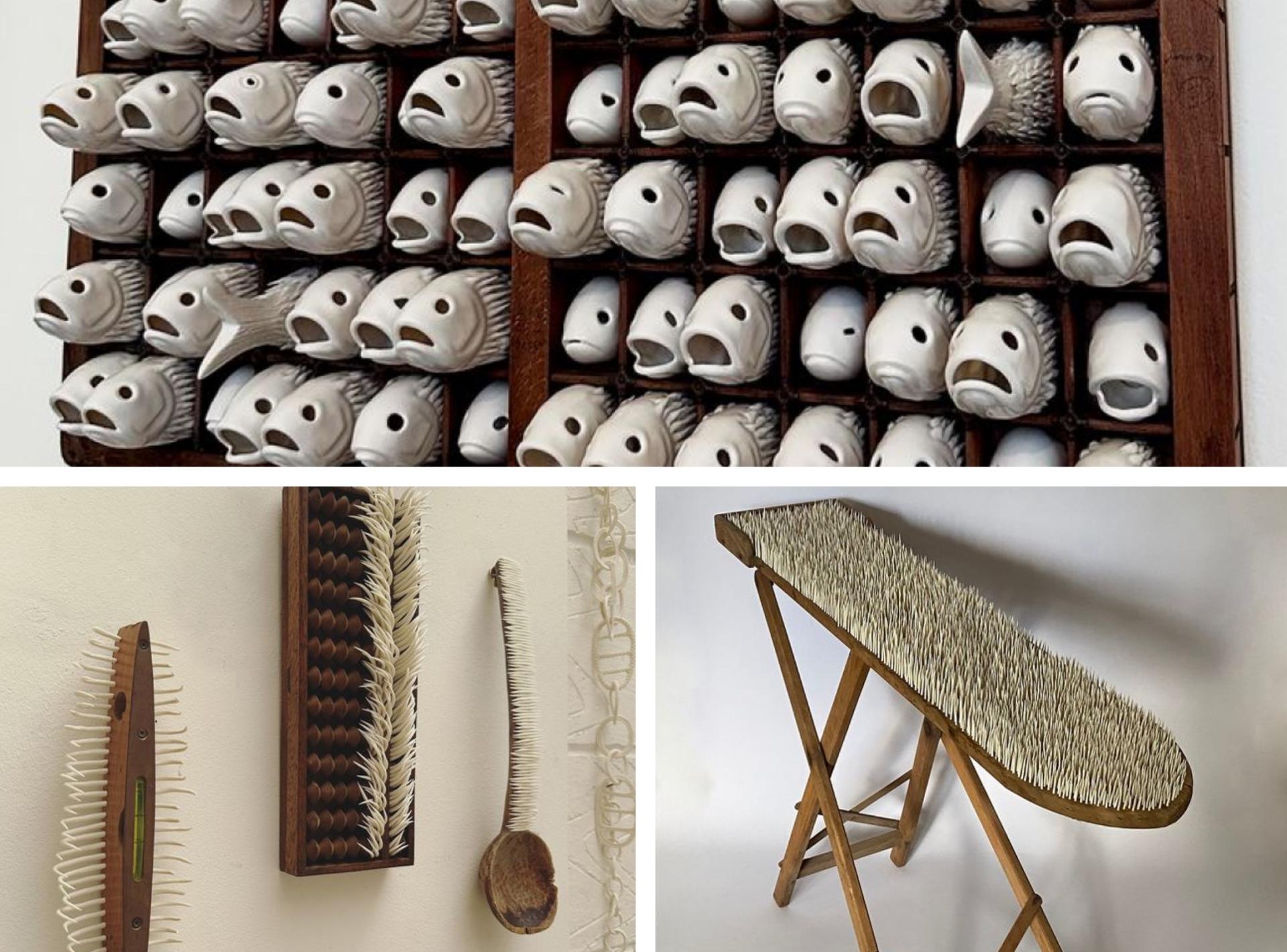 Ceramic fish sculptures and textured wooden objects showcased at London Craft Week 2024, celebrating innovative design and craftsmanship.