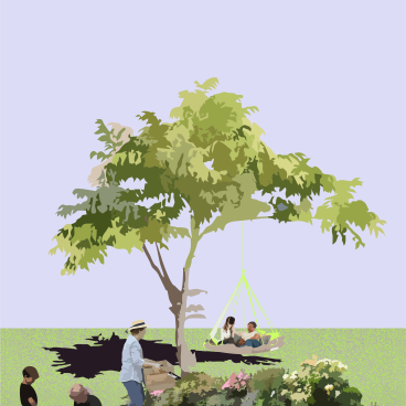 Families enjoy community gardening and relaxation under a tree in a vibrant co-living space, promoting emotional well-being.