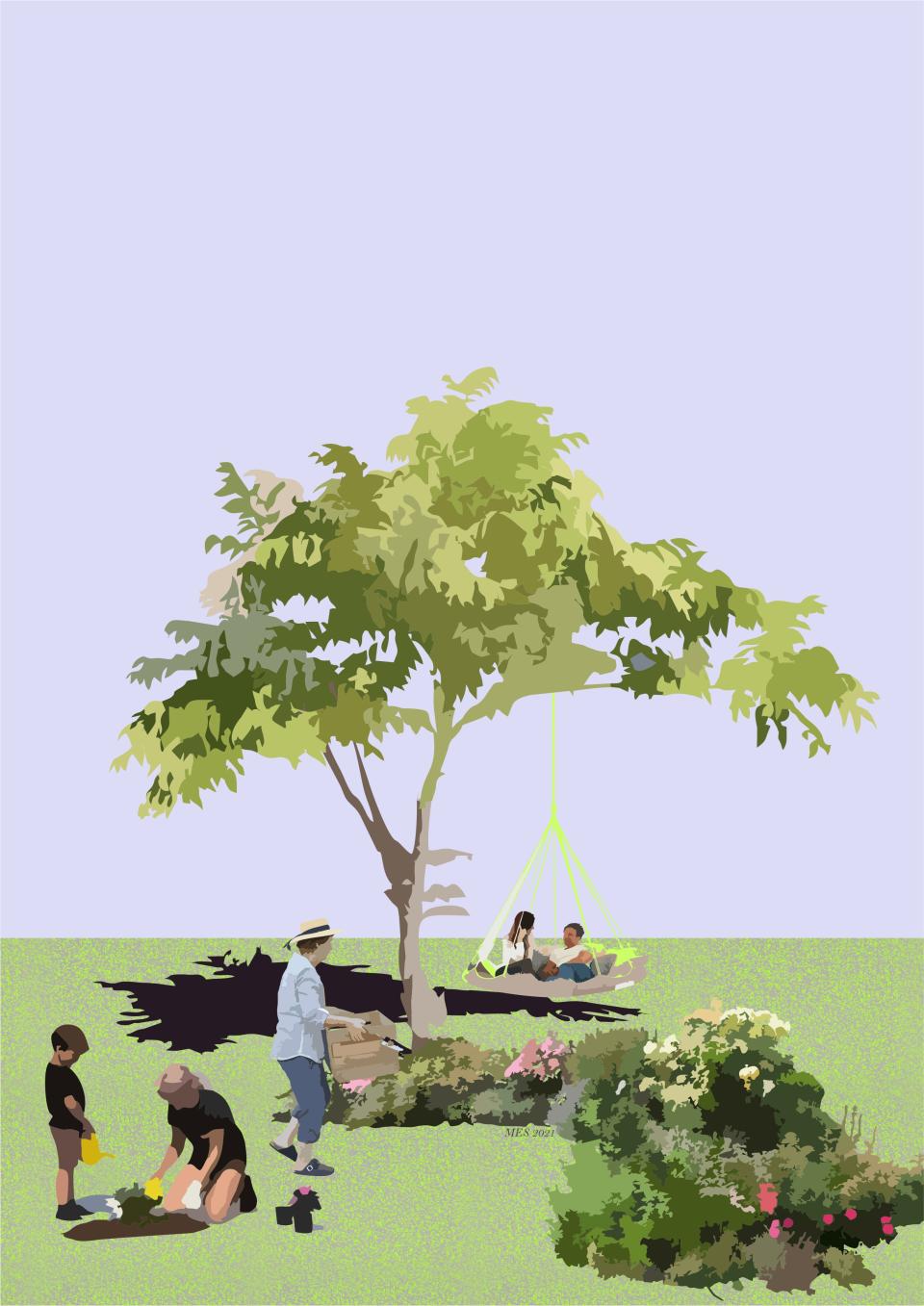 Families enjoy community gardening and relaxation under a tree in a vibrant co-living space, promoting emotional well-being.