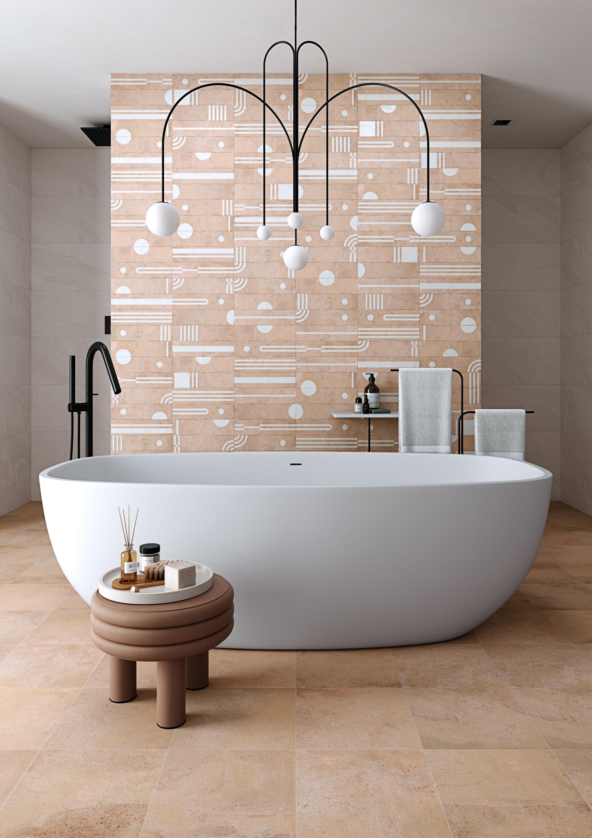 Modern bathroom featuring an elegant freestanding tub, artistic tile backdrop, and stylish accessories, showcasing contemporary tile design trends.