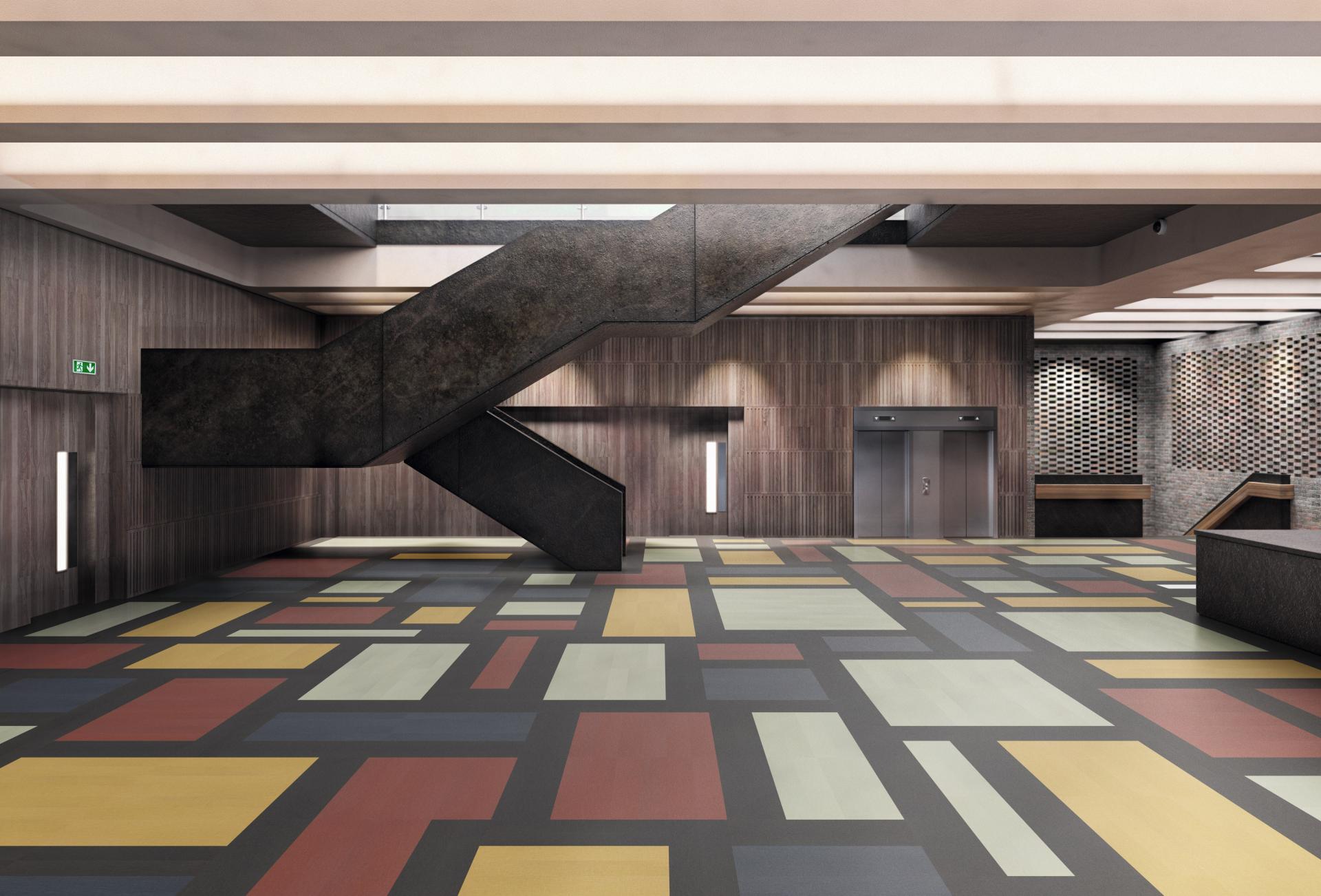 Modern interior featuring Karndean's Opus abstract flooring collection with colorful geometric patterns and unique architectural elements.