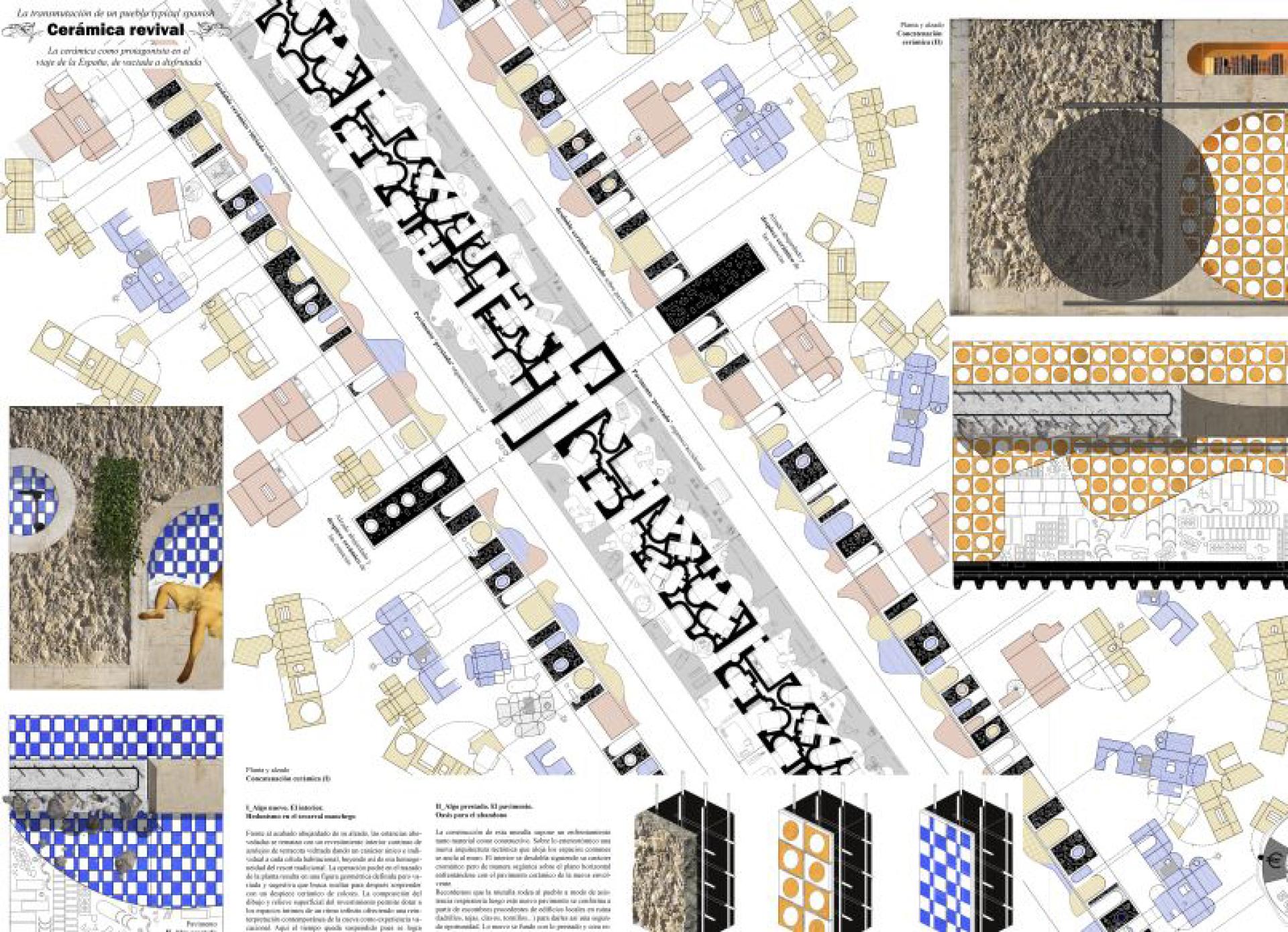 Innovative architectural design featuring vibrant ceramic patterns and layout plans, showcasing the creative use of Spanish ceramics.