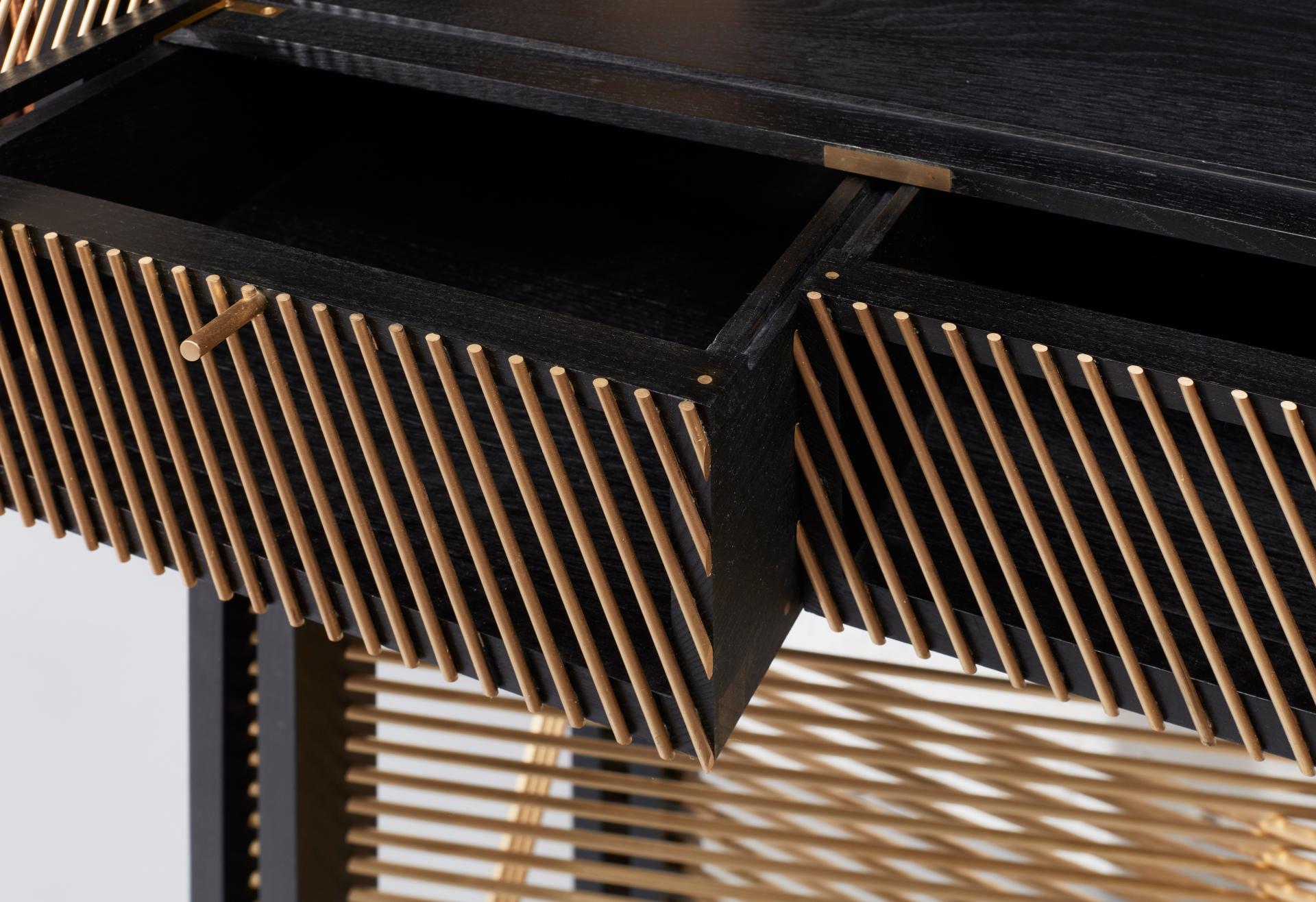 Black stained drinks cabinet featuring wooden slats and a sleek design, inspired by Japanese aesthetics for modern interiors.