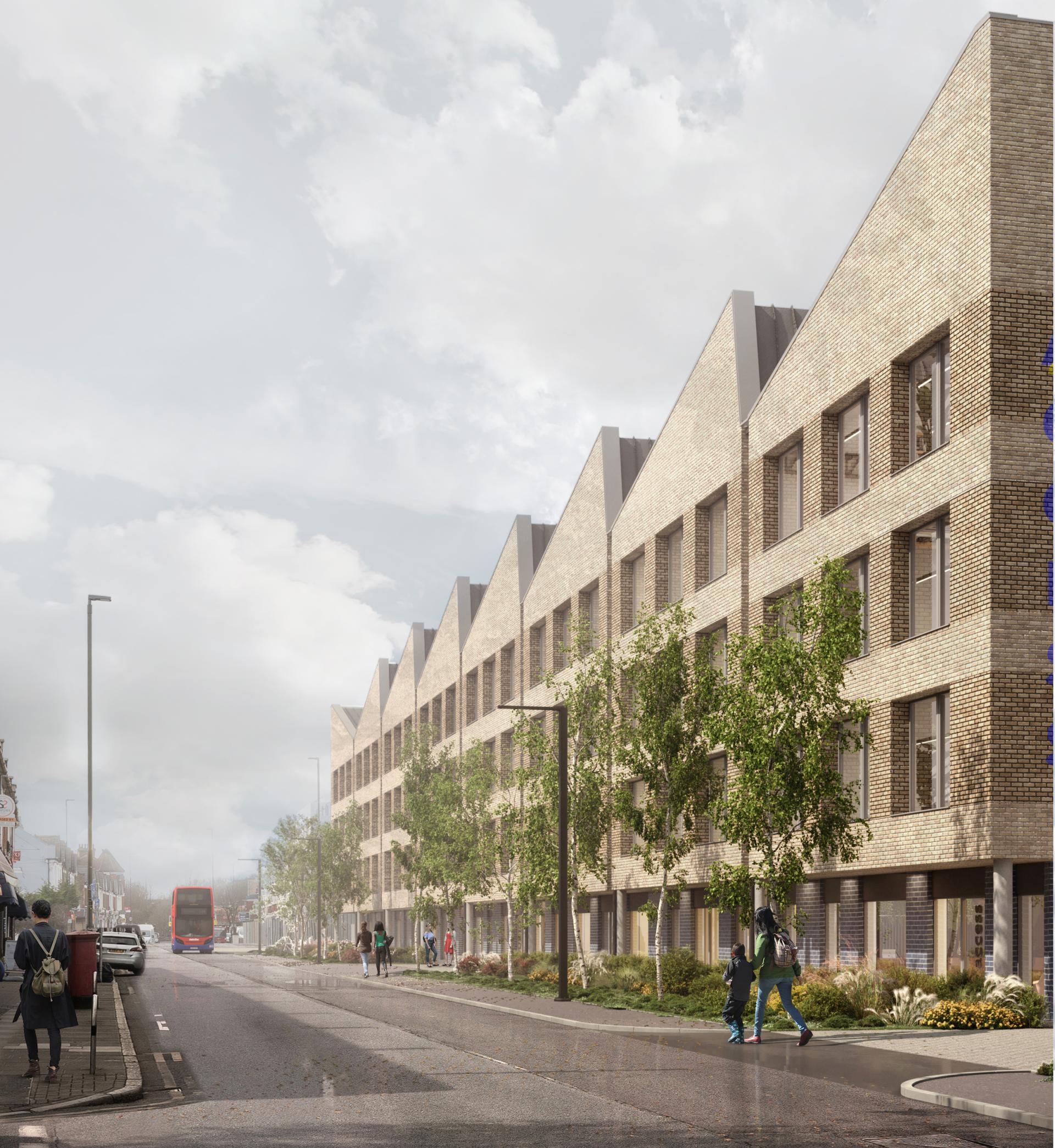 Modern urban architecture along a street featuring rows of brick buildings, pedestrians, and lush landscaping.
