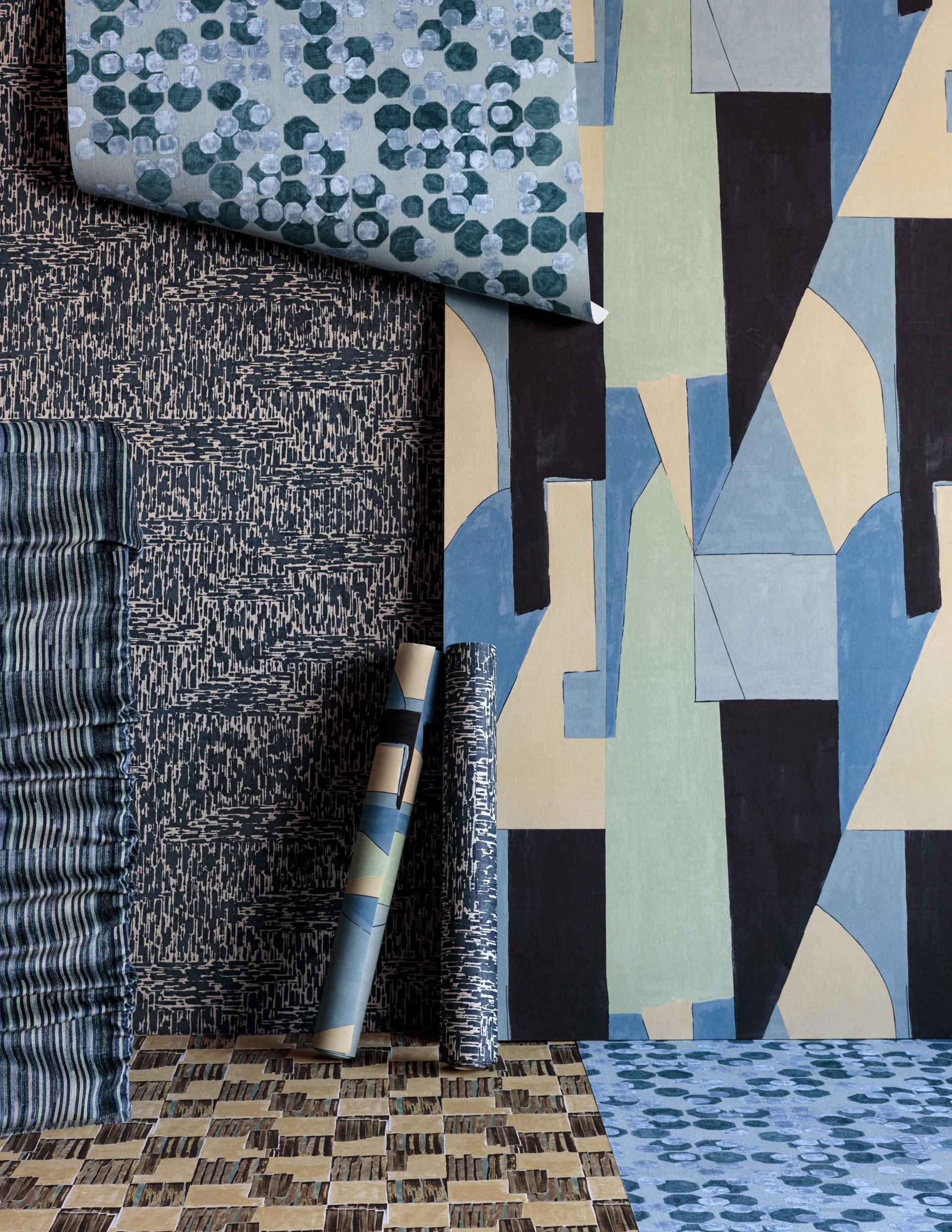 Colorful wallpaper and fabric swatches showcasing Kelly Wearstler's fifth collection for Lee Jofa, highlighting unique patterns and textures.