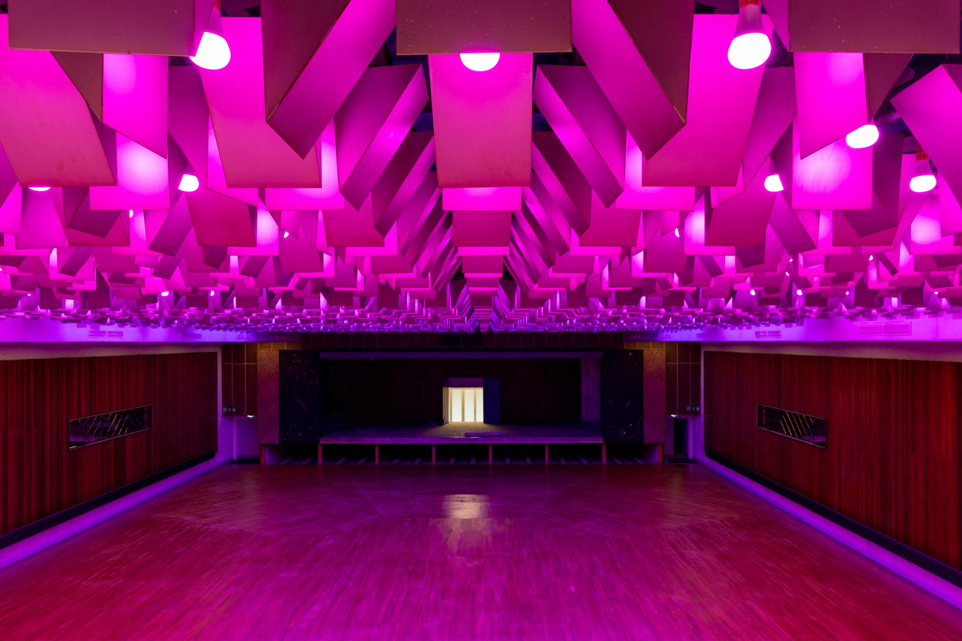 Vibrant interior of New Century venue featuring dramatic pink lighting and unique architectural design elements.