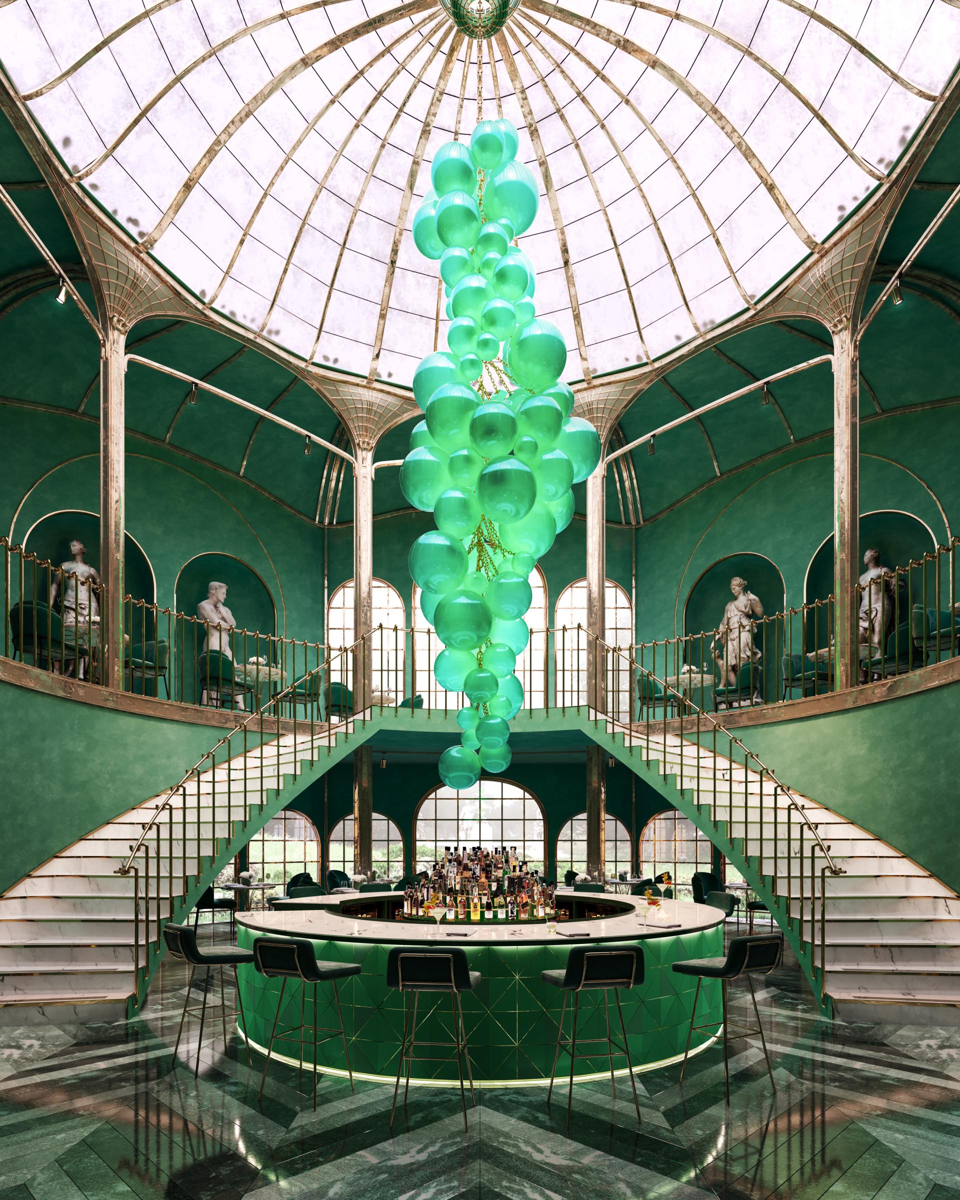 Kuulas chandelier by Cameron Design House hangs elegantly in a vibrant green and marble interior bar space.