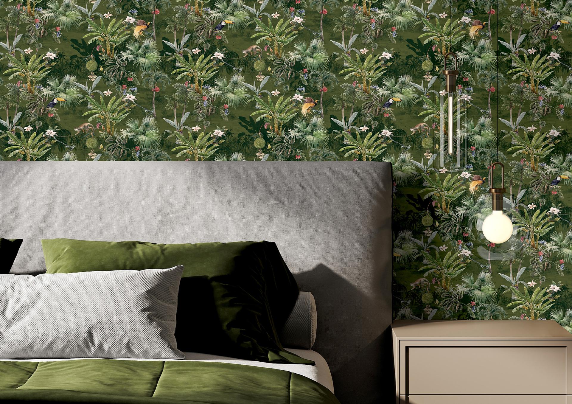 Vibrant nature-inspired wallcovering featuring lush greenery and tropical animals, enhancing a stylish bedroom decor.