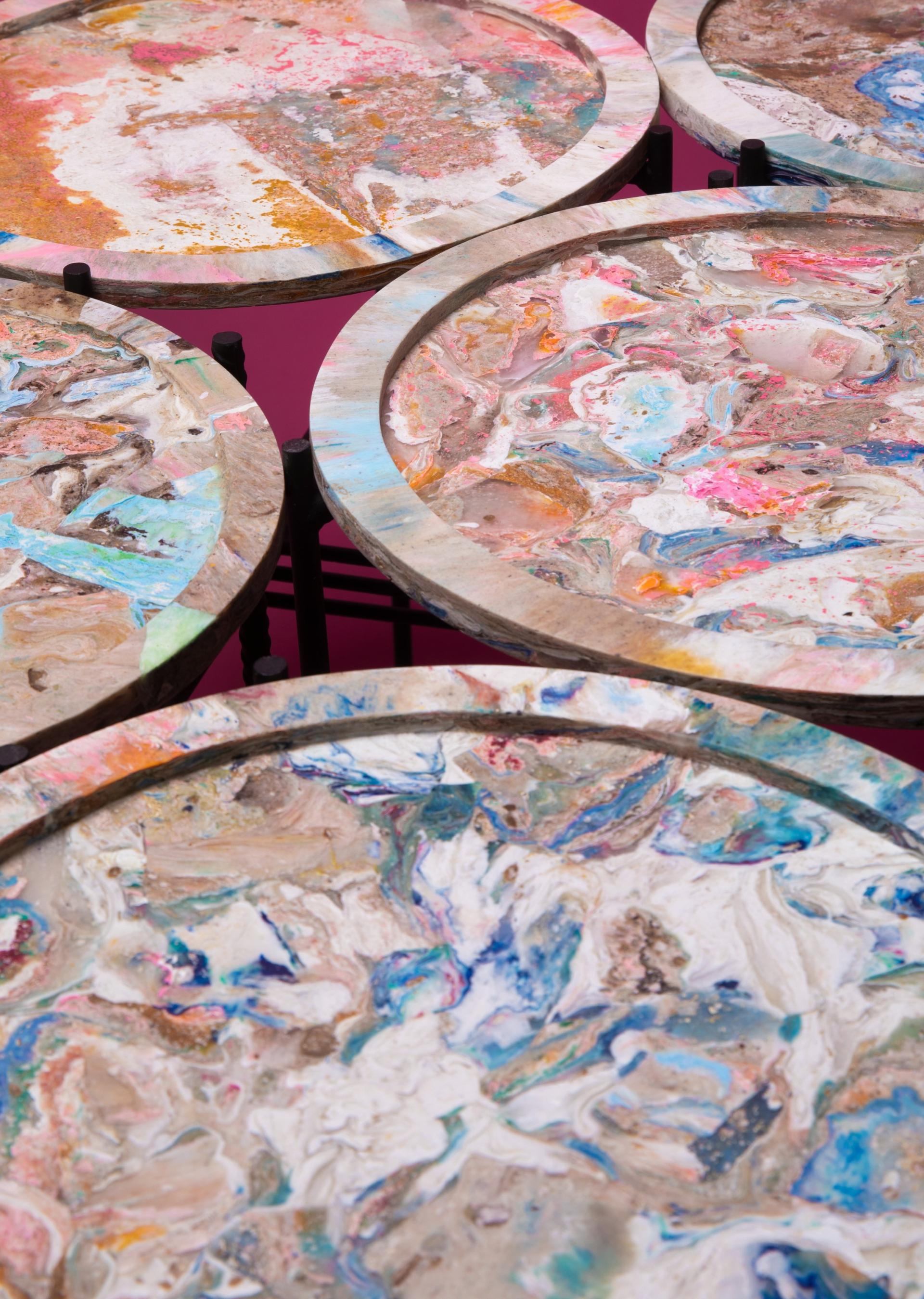 Colorful, textured surfaces of low-carbon biomaterials used for sustainable product design in 2025 projects.