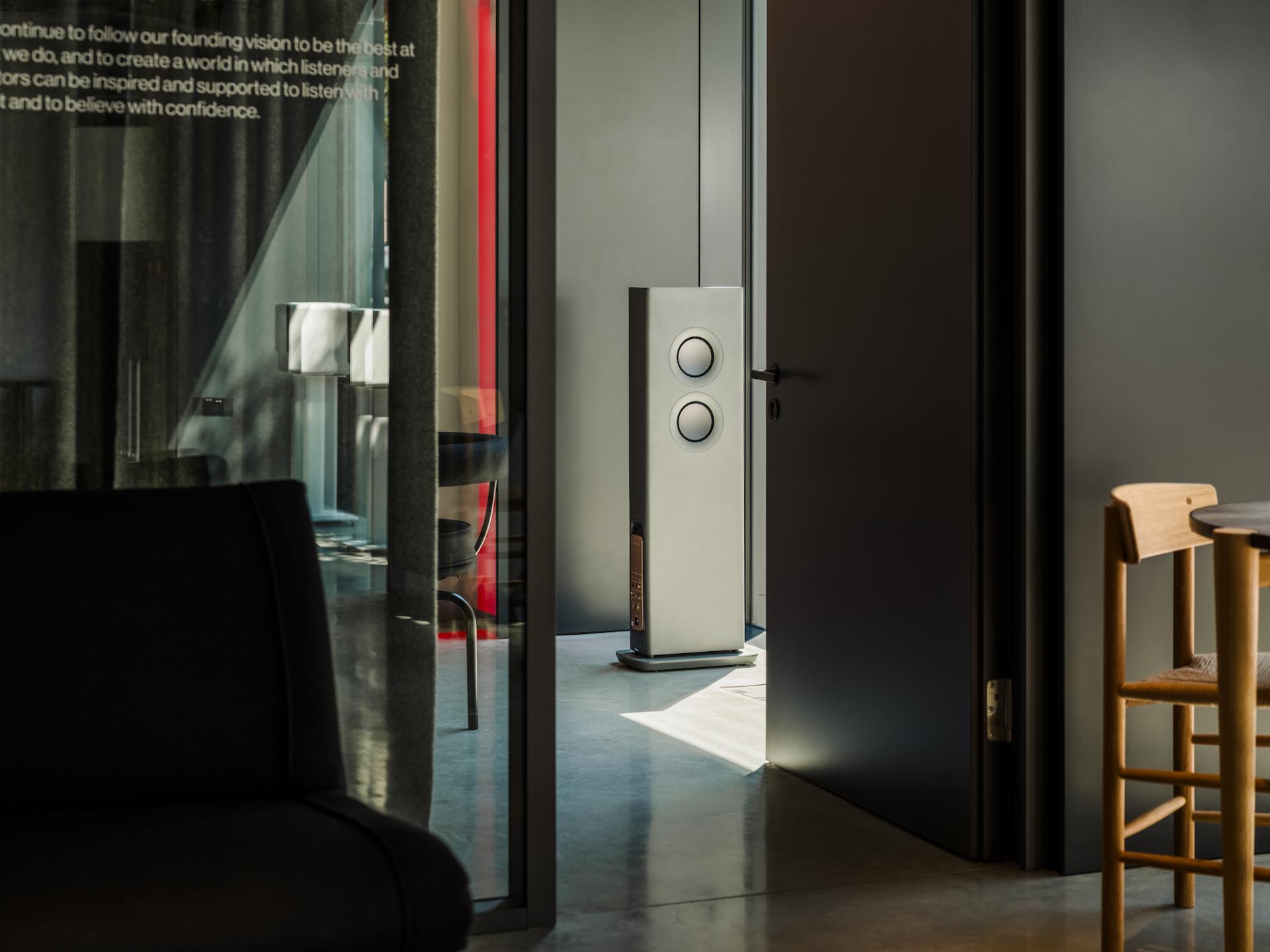 Stylish KEF speaker showcased in the contemporary interior of the newly launched KEF Music Gallery in London.