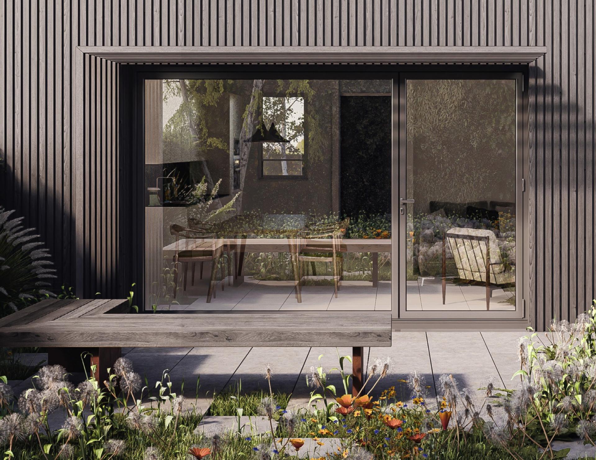 Modern residential design featuring large glass doors opening to a sustainable garden at Orford Mews, East London.