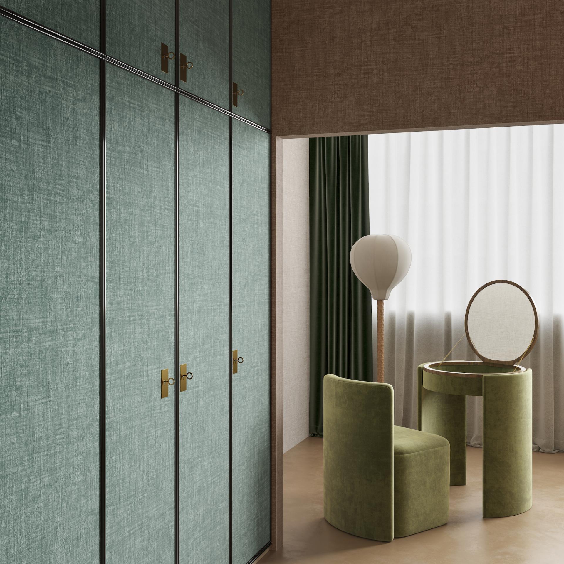 Elegant interior featuring Arte's autumnal wallcoverings, complemented by green furniture and soft natural light.