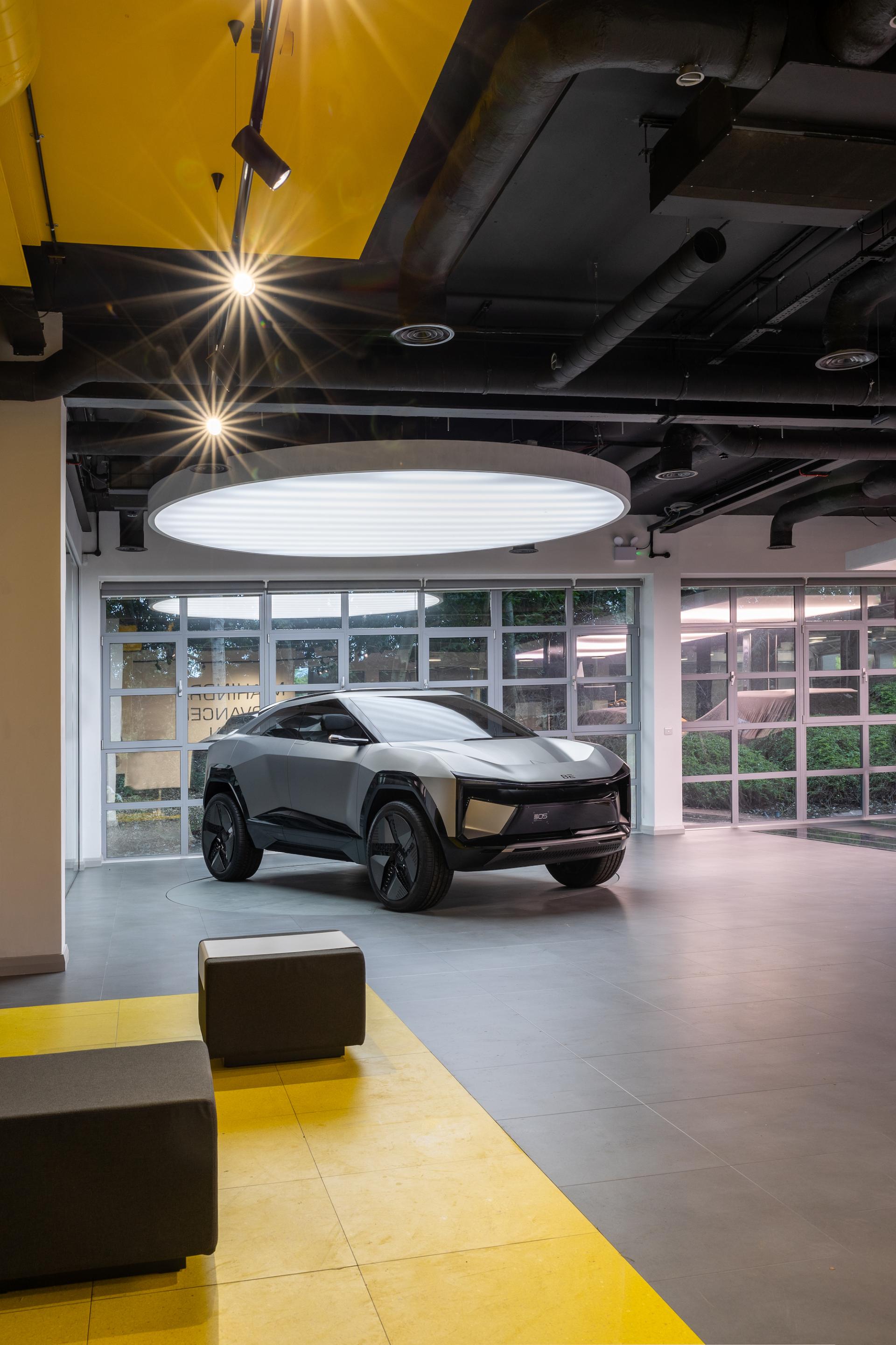 Contemporary interior featuring a sleek electric vehicle, reflecting urban tech and modern design trends by M1NT Studio.