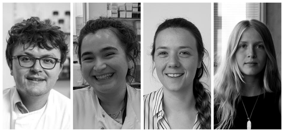 Four artists from DeakinBio, engaged in innovative research and creative projects, showcasing diverse expressions in black and white portraits.