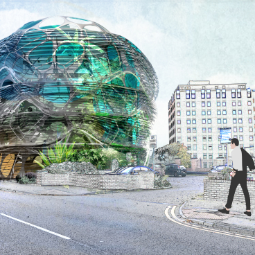 Modern architectural design of the Manchester School of Art building surrounded by urban streetscape and greenery.