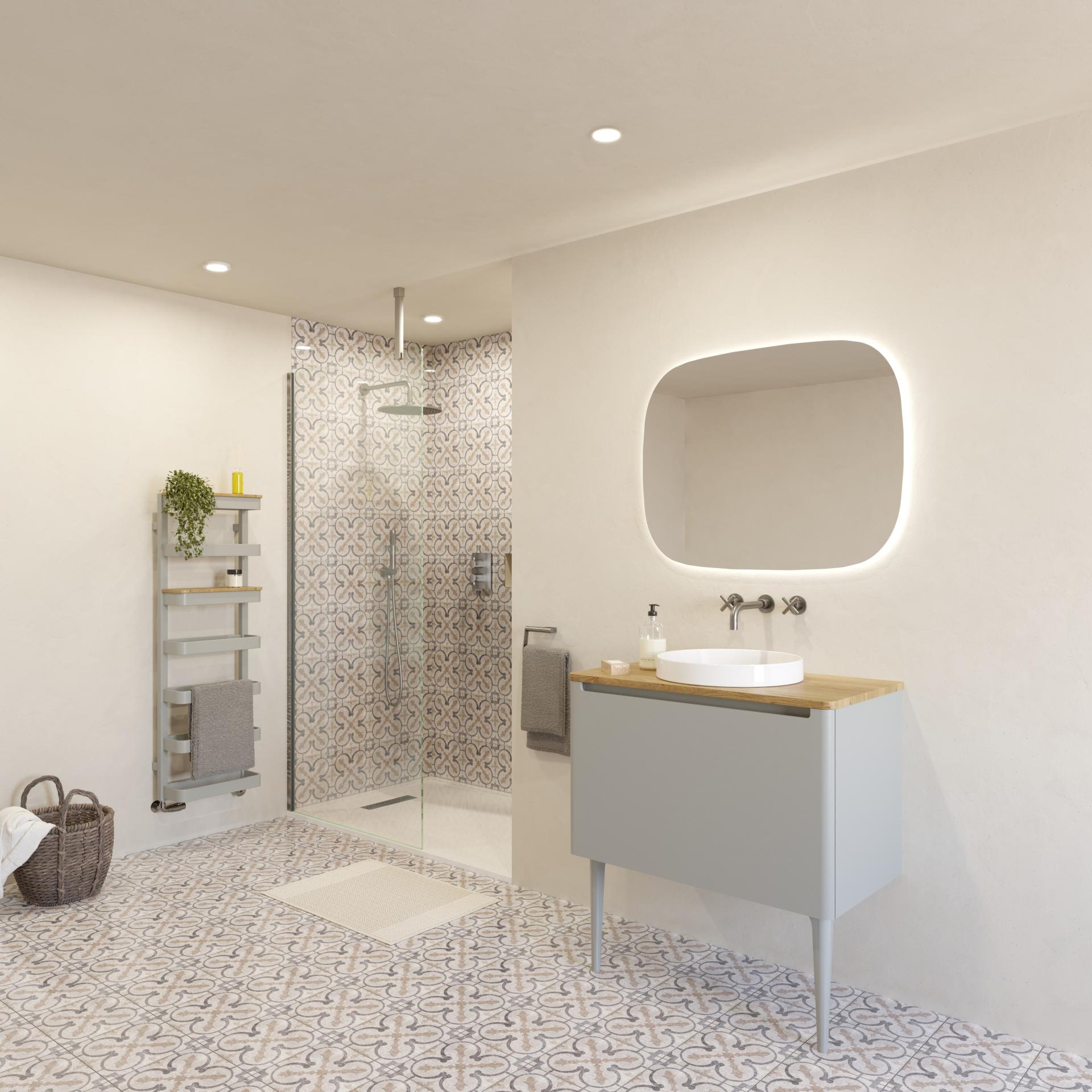 Elegant modern bathroom design featuring a sleek shower, stylish vanity, and decorative floor tiles.