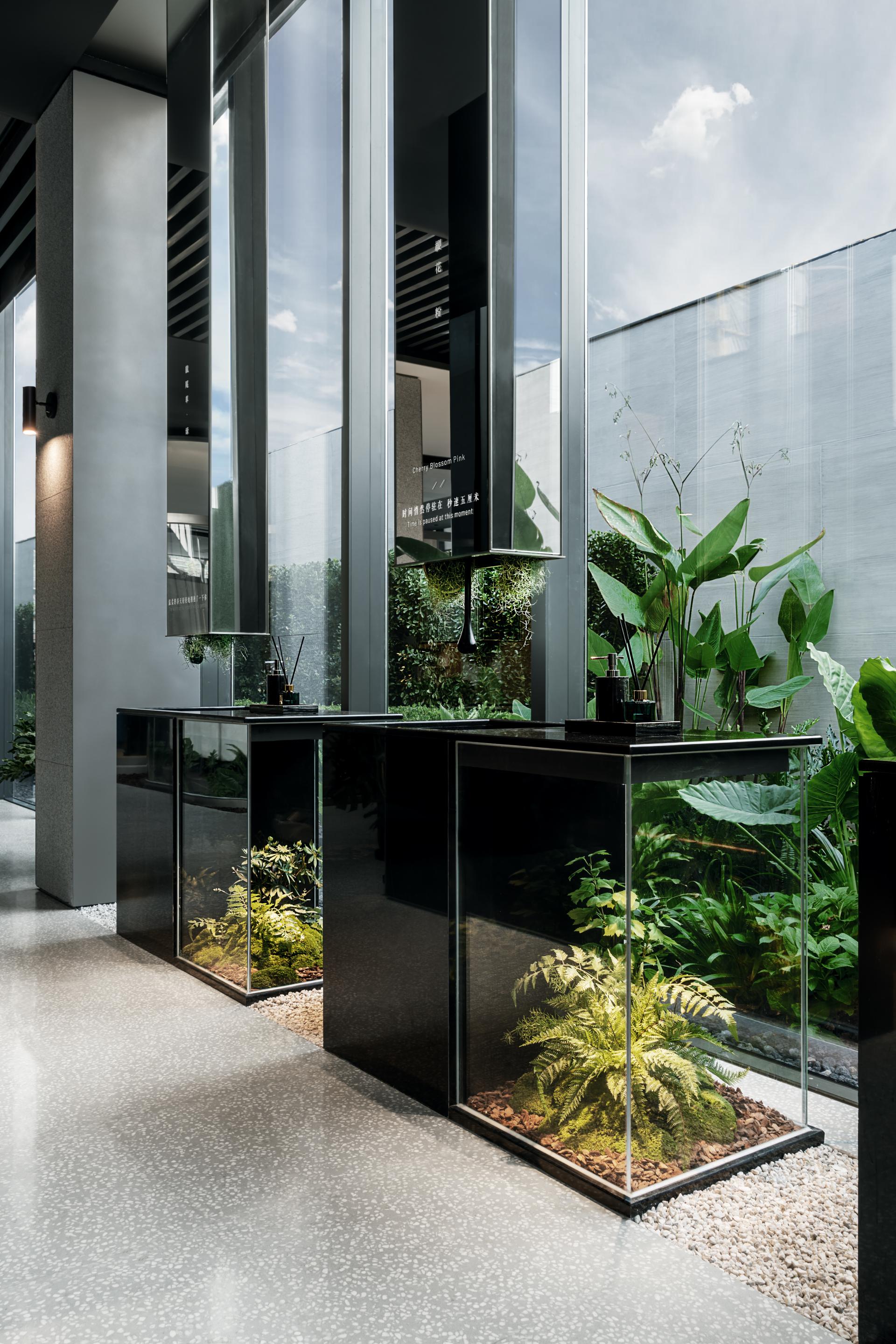 Elegant restaurant interior featuring glass displays of ferns and lush greenery, showcasing a nature-themed multimedia design.