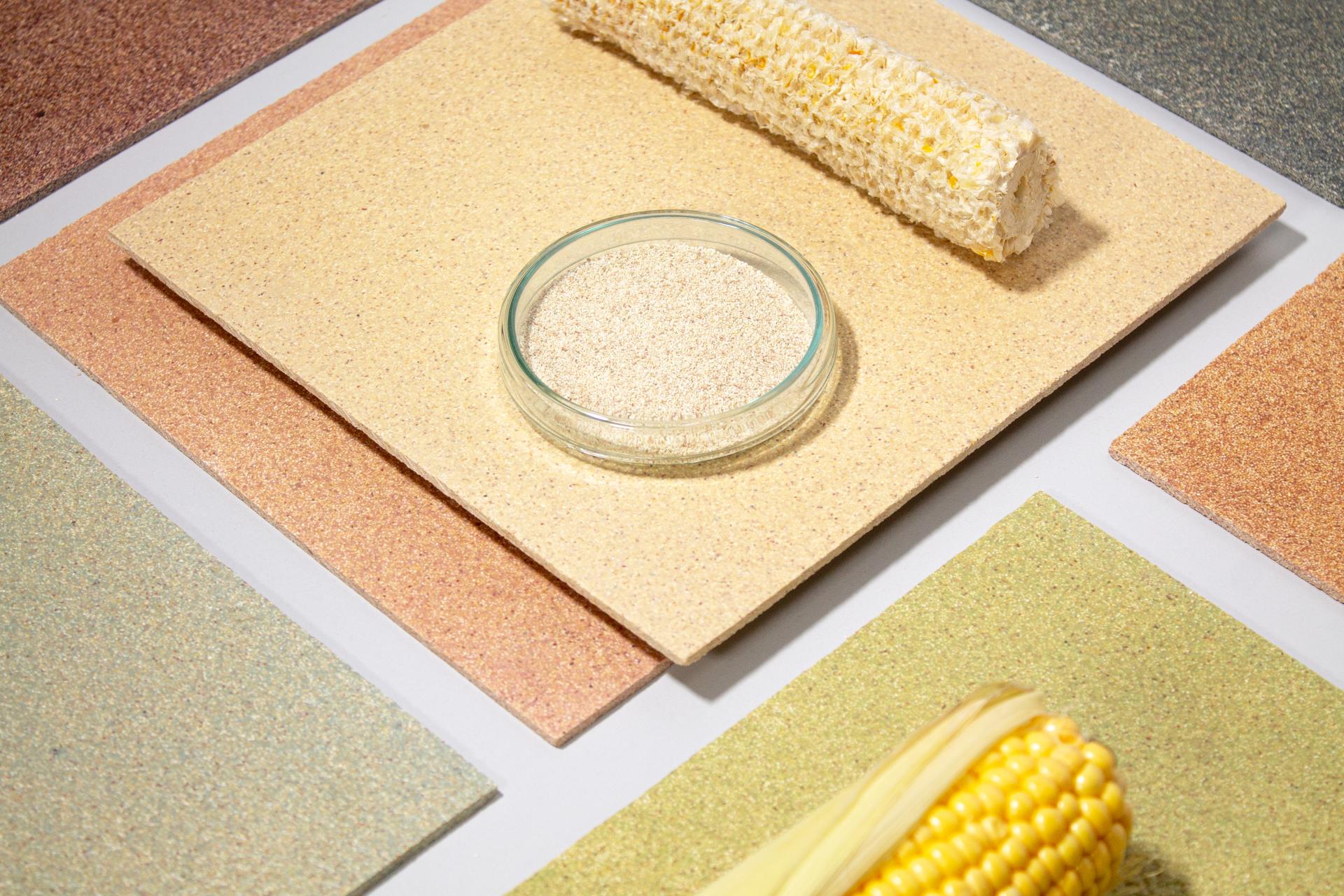 Sustainable CornWall® wall cladding materials displayed with corn waste samples, emphasizing eco-friendly interior design.