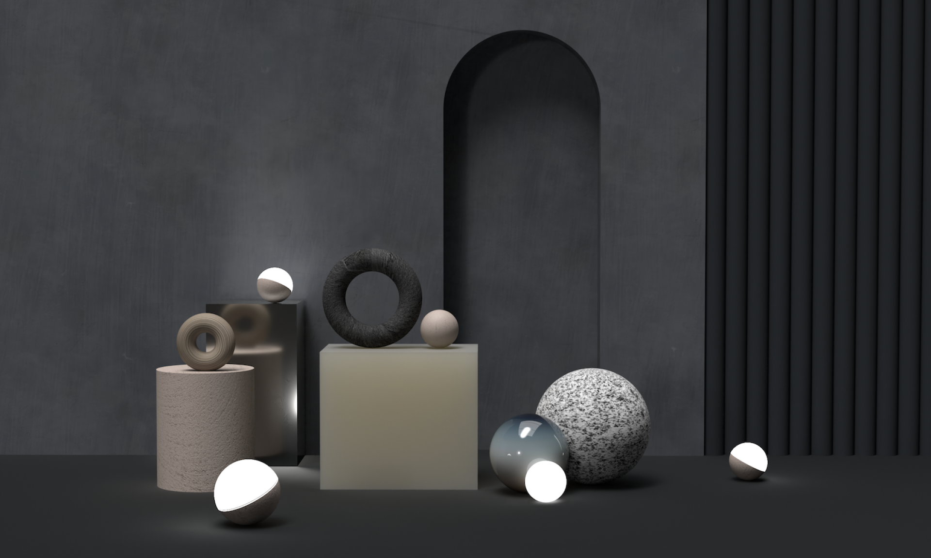 A modern arrangement of textured geometric objects and spheres in a minimalistic interior design setting.