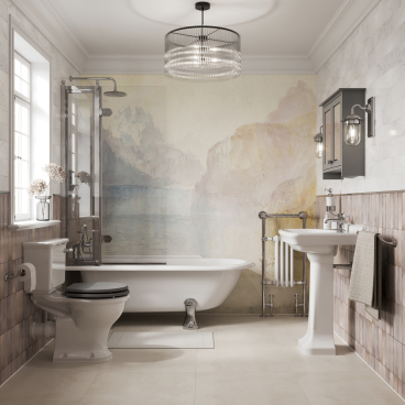 Stylish bathroom featuring a freestanding tub, vintage fixtures, and muted pastel wall art, inspired by the Arts & Crafts movement.