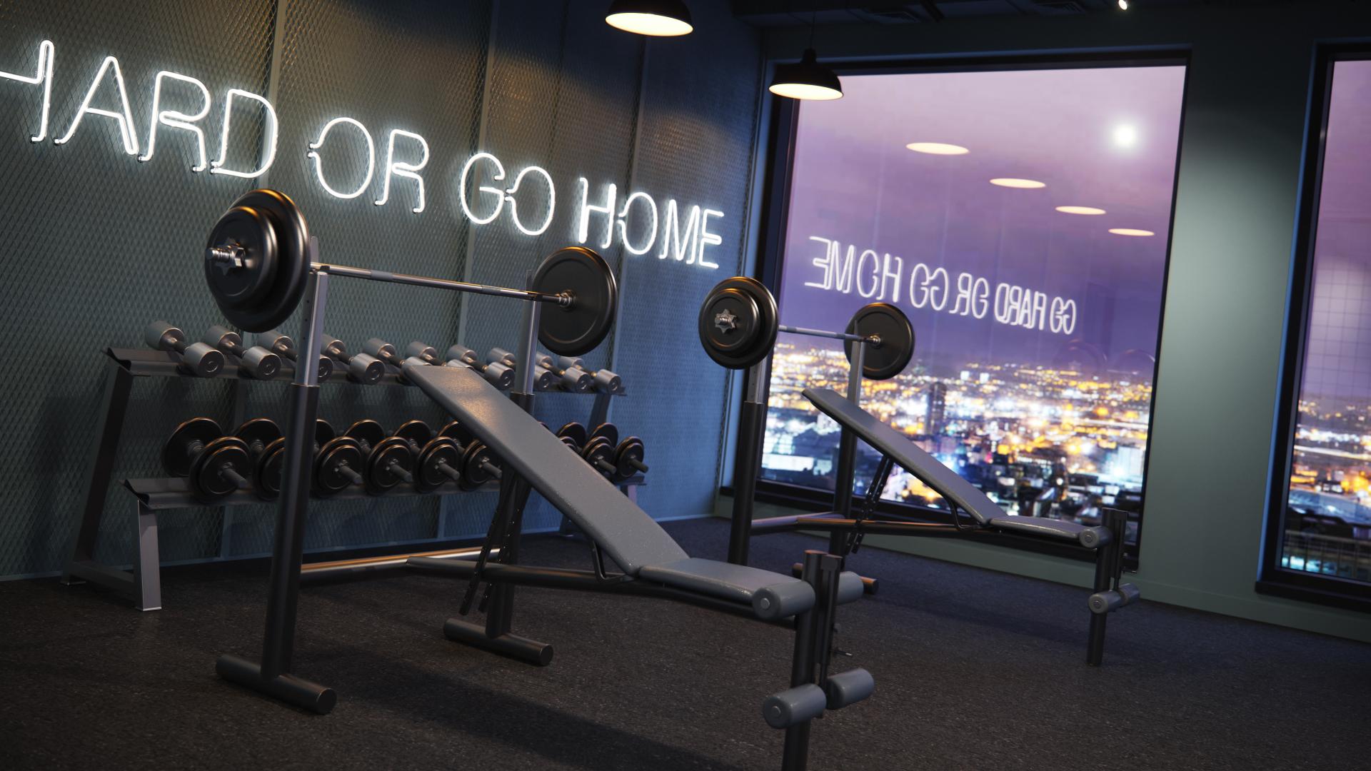 Modern gym equipment with a motivational neon sign, offering a view of Glasgow skyline at night.