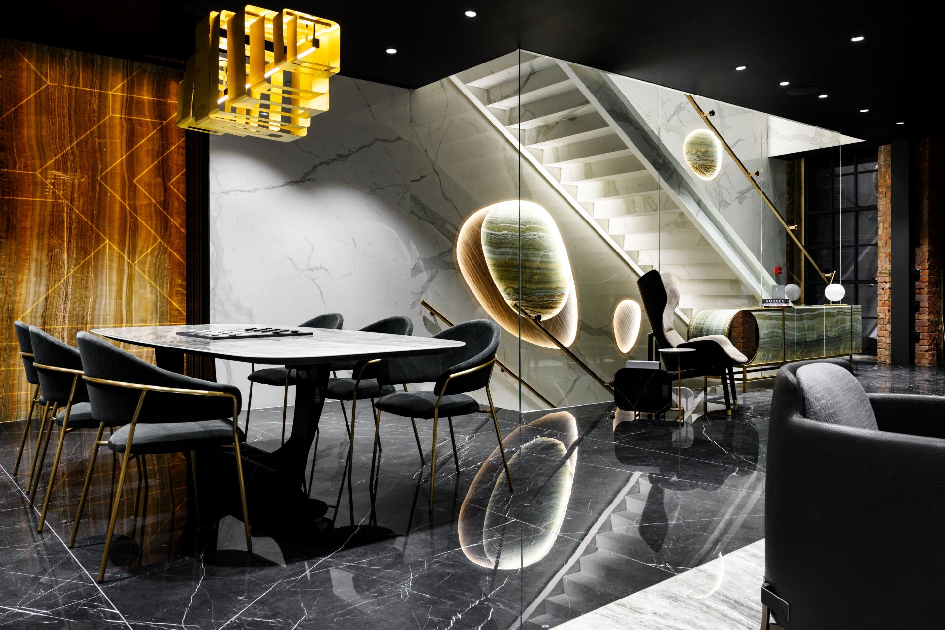 Modern showroom interior showcasing Iris Ceramica Group's high-quality porcelain tiles, elegant lighting, and stylish furnishings.